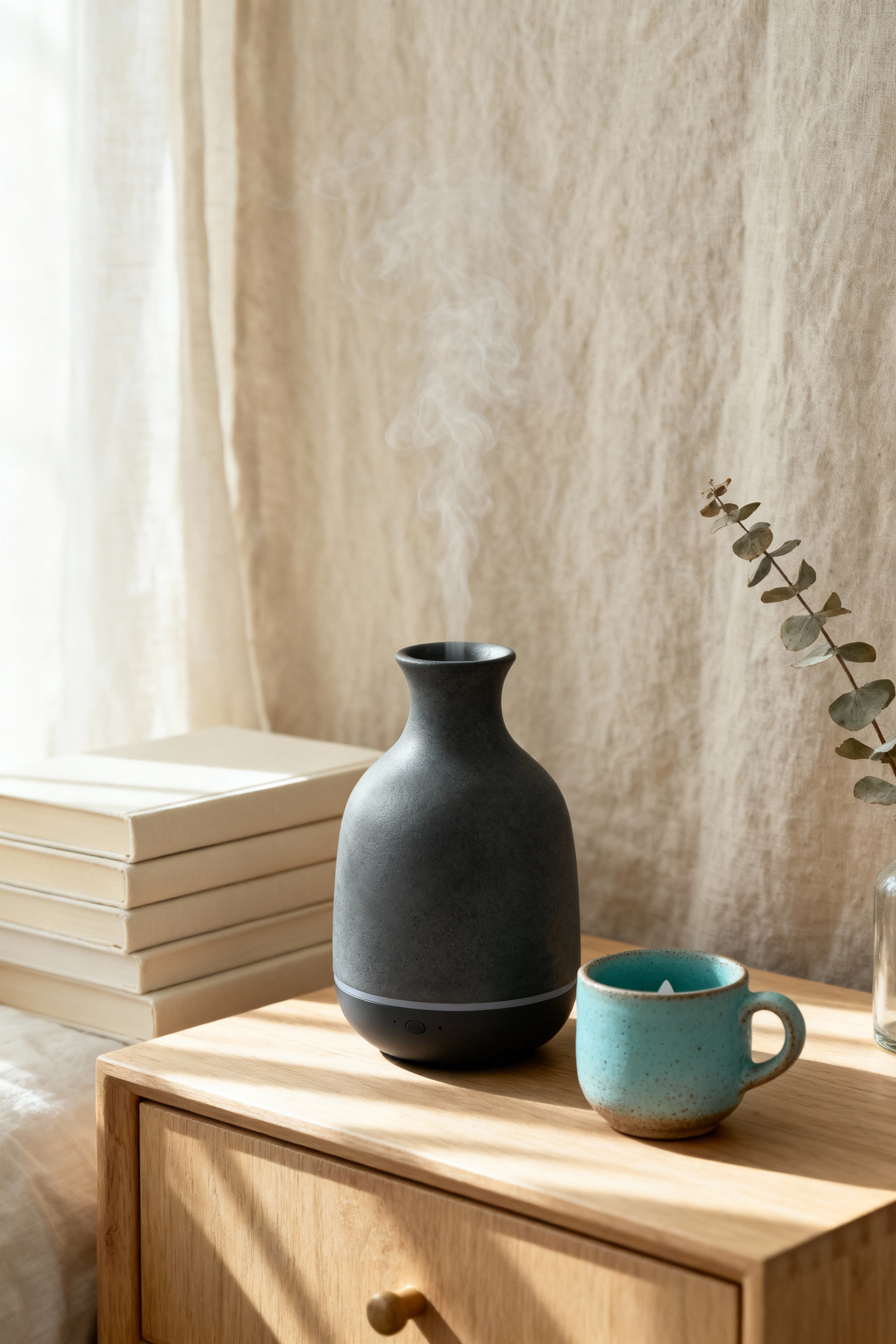 Ceramic-style charcoal humidifier and sea-colored diffuser on a minimalist wooden nightstand, surrounded by books and cream linen for a cozy, wabi-sabi bedroom aesthetic.