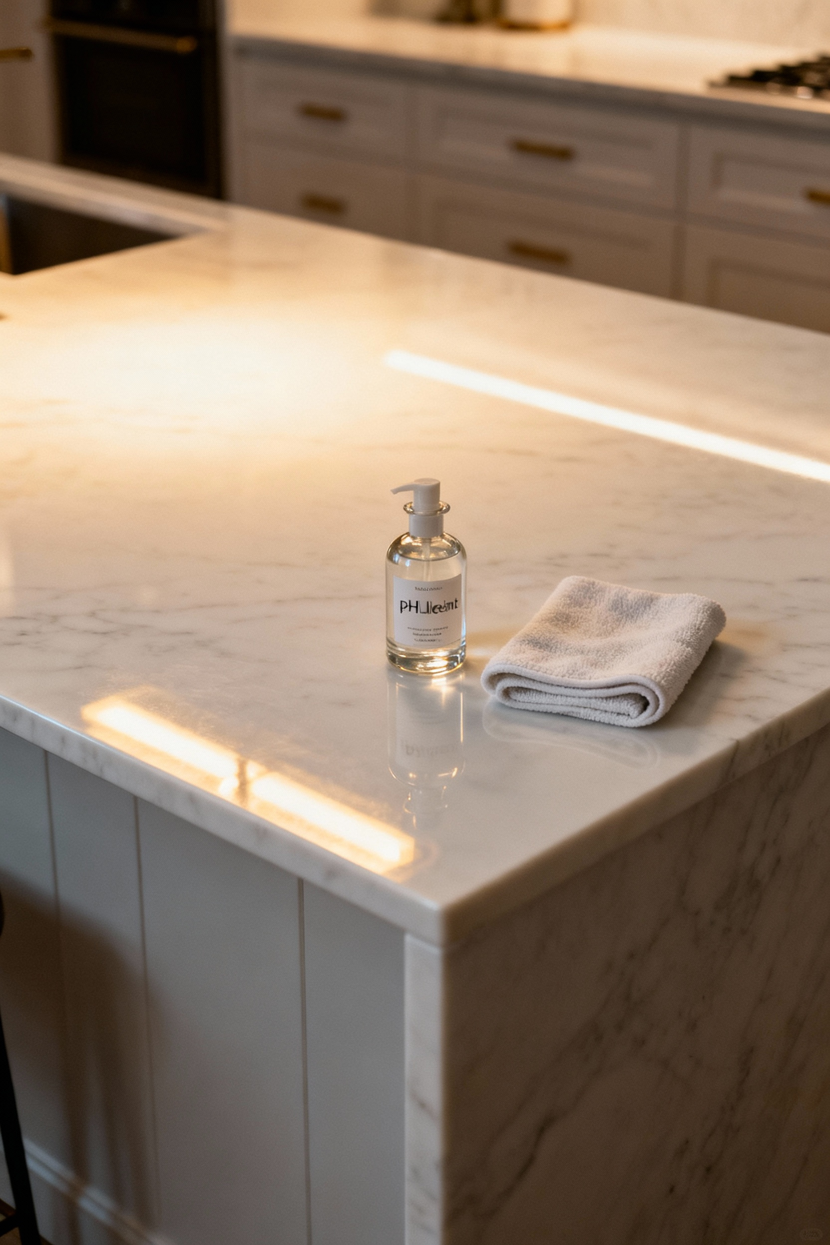 A clean, shiny luxury kitchen island countertop with cleaning supplies, demonstrating best practices for material maintenance and longevity.