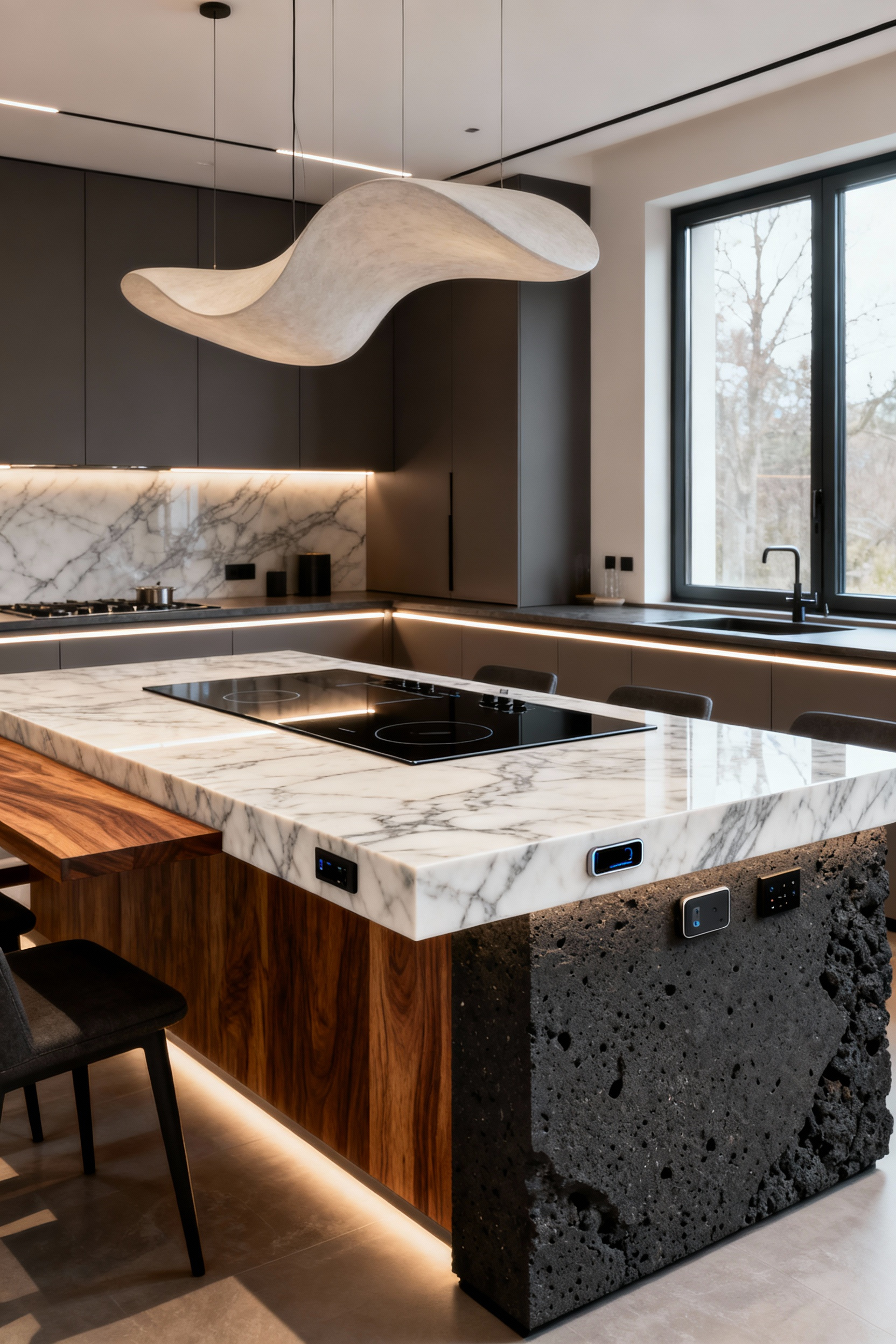 Luxury kitchen island countertop designed for ergonomic workflow and aesthetic appeal, featuring premium marble and integrated features with elegant lighting.