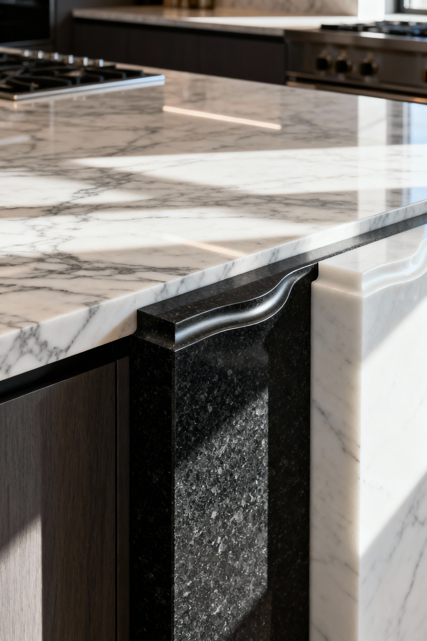 Close-up of a luxurious kitchen island countertop showcasing different detailed edge profiles like ogee, eased, and bullnose. The material appears to be high-quality stone, with light accentuating the craftsmanship of each profile in a sophisticated kitchen setting.