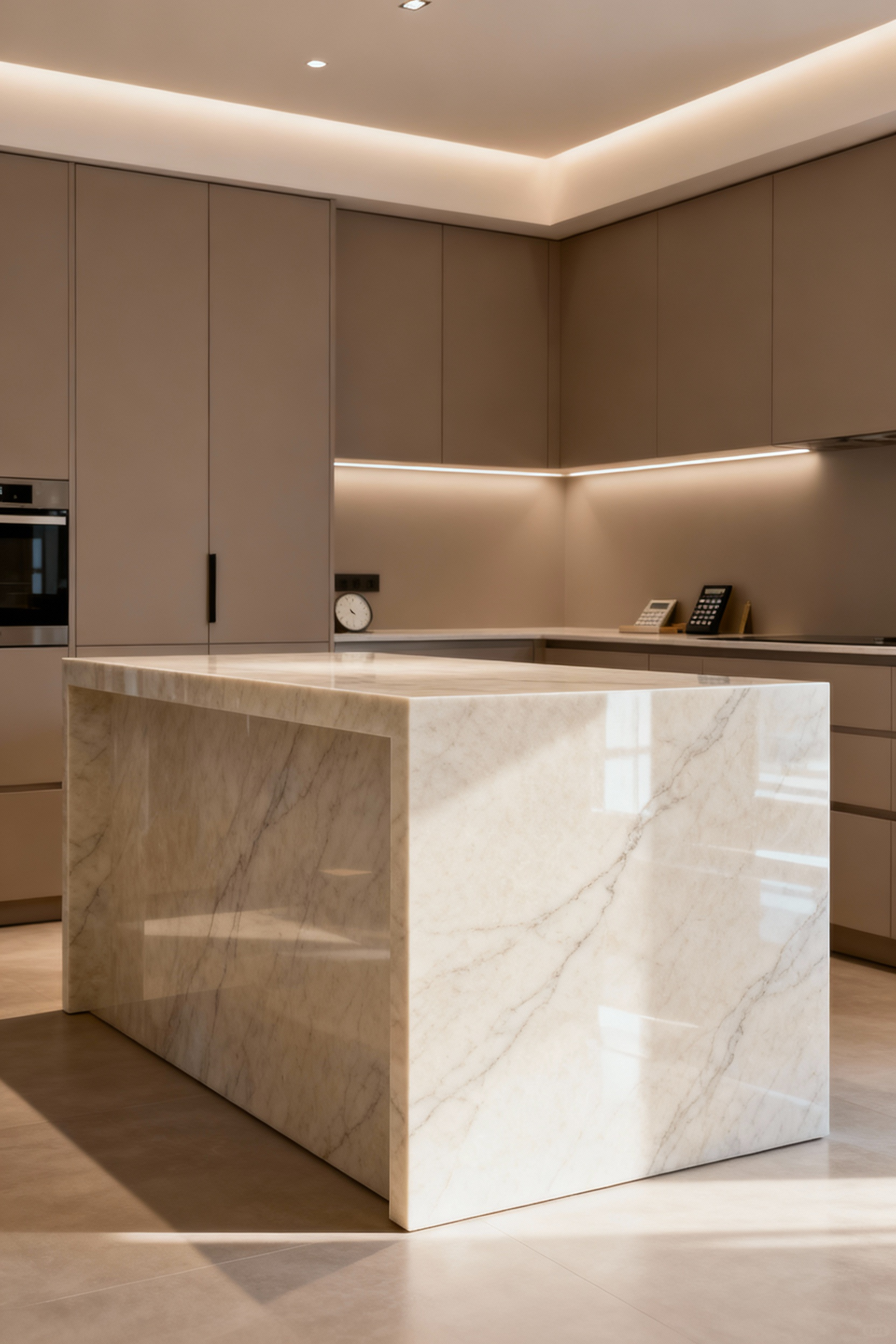 Luxury kitchen island featuring a light, veined engineered quartz countertop with a waterfall edge, representing longevity and trend-resilient material selection. Professional, elegant kitchen design.