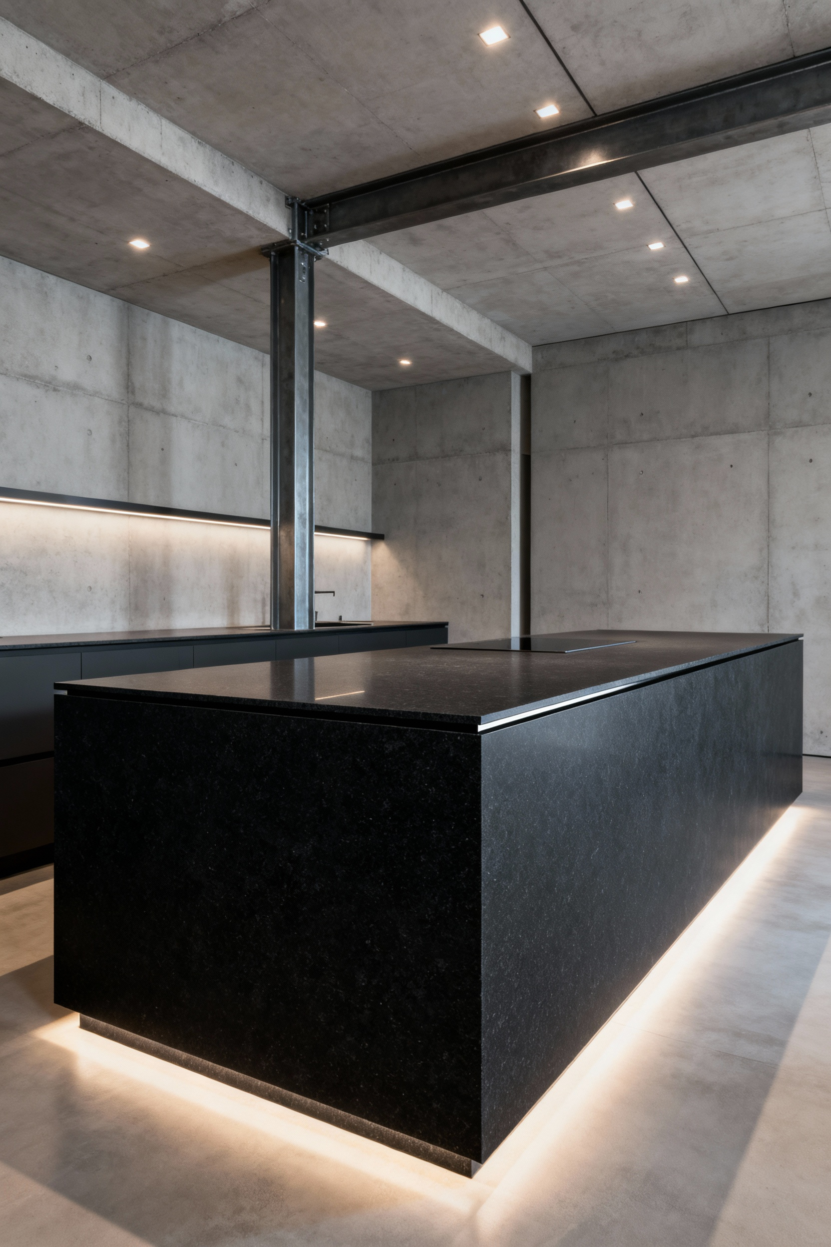 Modern kitchen island with honed Absolute Black granite countertop featuring a mitered waterfall edge, seamlessly integrated with concrete walls and steel beams, illuminated by strategic architectural lighting.