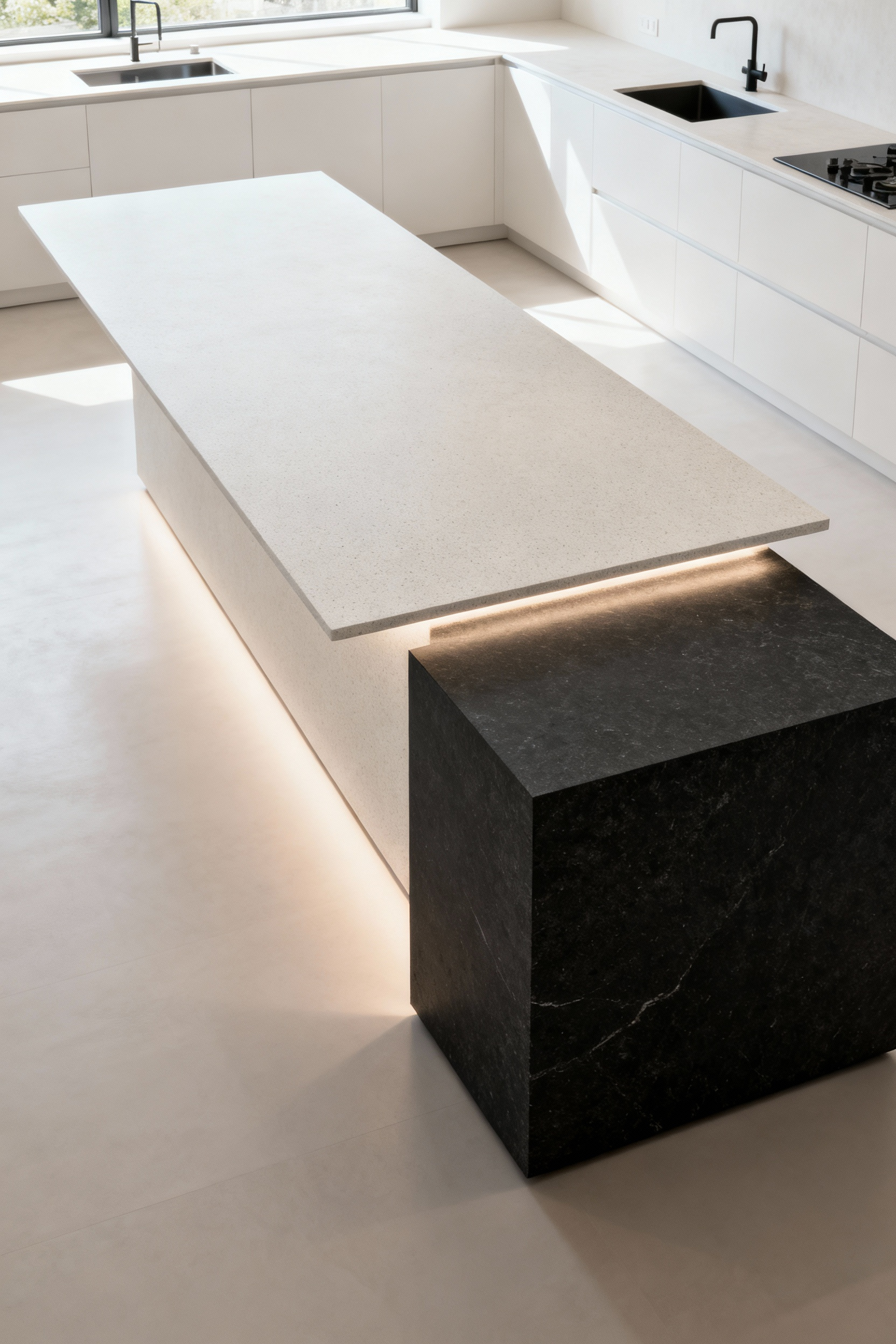 Modern minimalist kitchen island featuring a visually striking contrast in countertop thickness. One section is ultra-slim and light, appearing weightless, while another is thick and dark, creating a grounded, monolithic presence, highlighting design aesthetics.