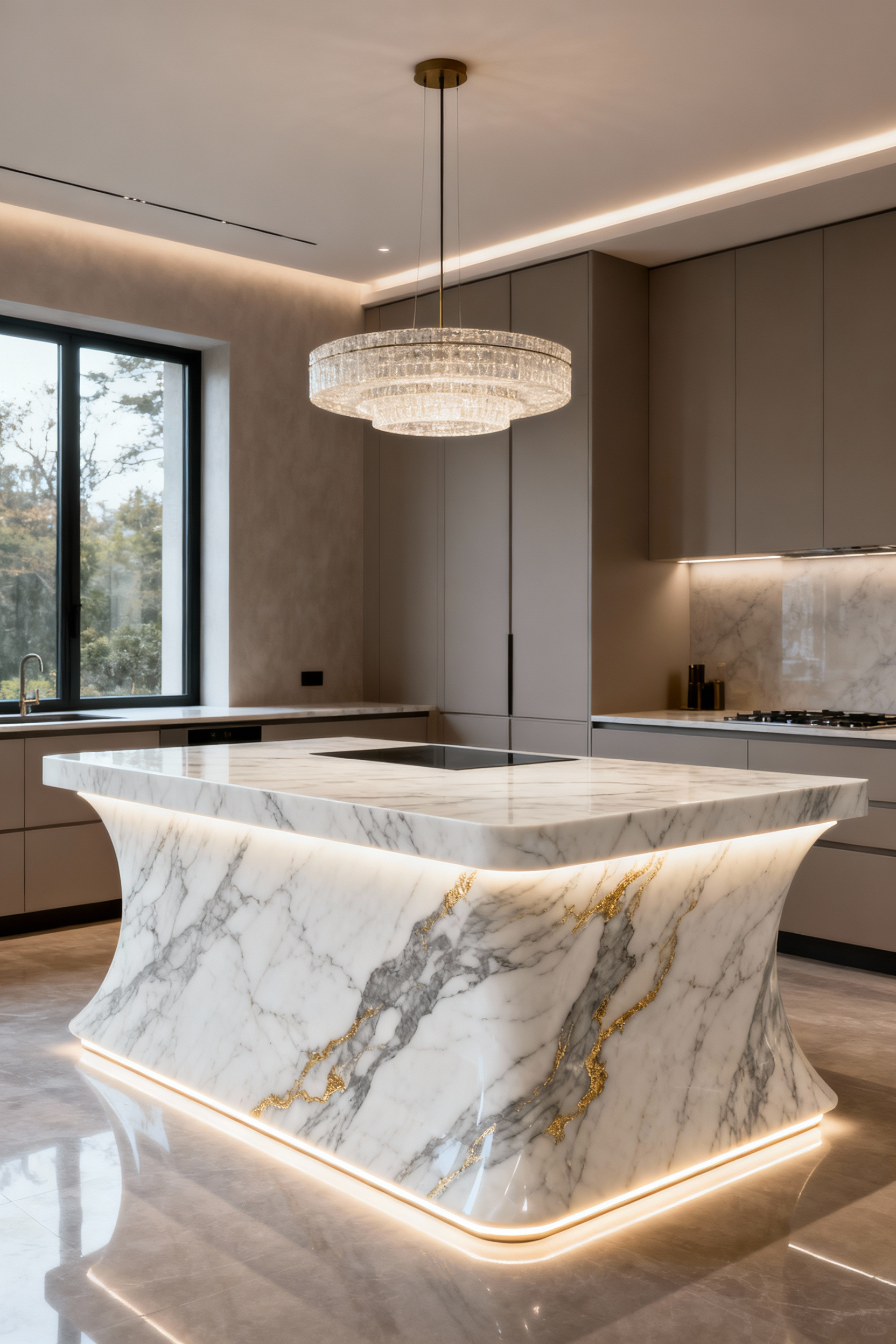 Modern kitchen with a strategically merchandised island featuring a large, veined marble countertop, integrated under-counter LED lighting, and sleek cabinetry, positioned as the primary visual focal point.