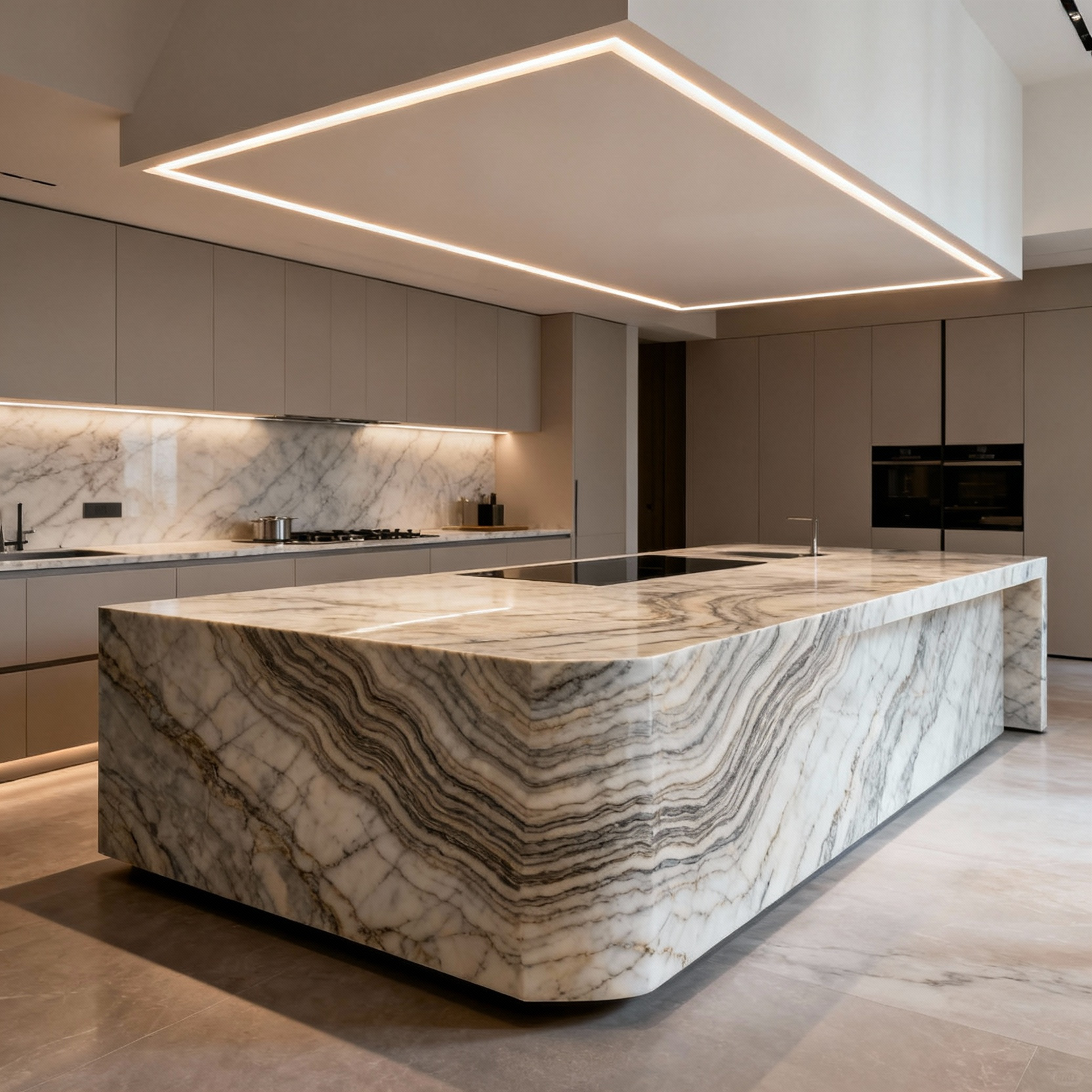 Luxurious kitchen island countertop made of exotic quartzite with waterfall edges, showcasing it as the central focal point of a modern, high-end kitchen. Professional architectural photo.