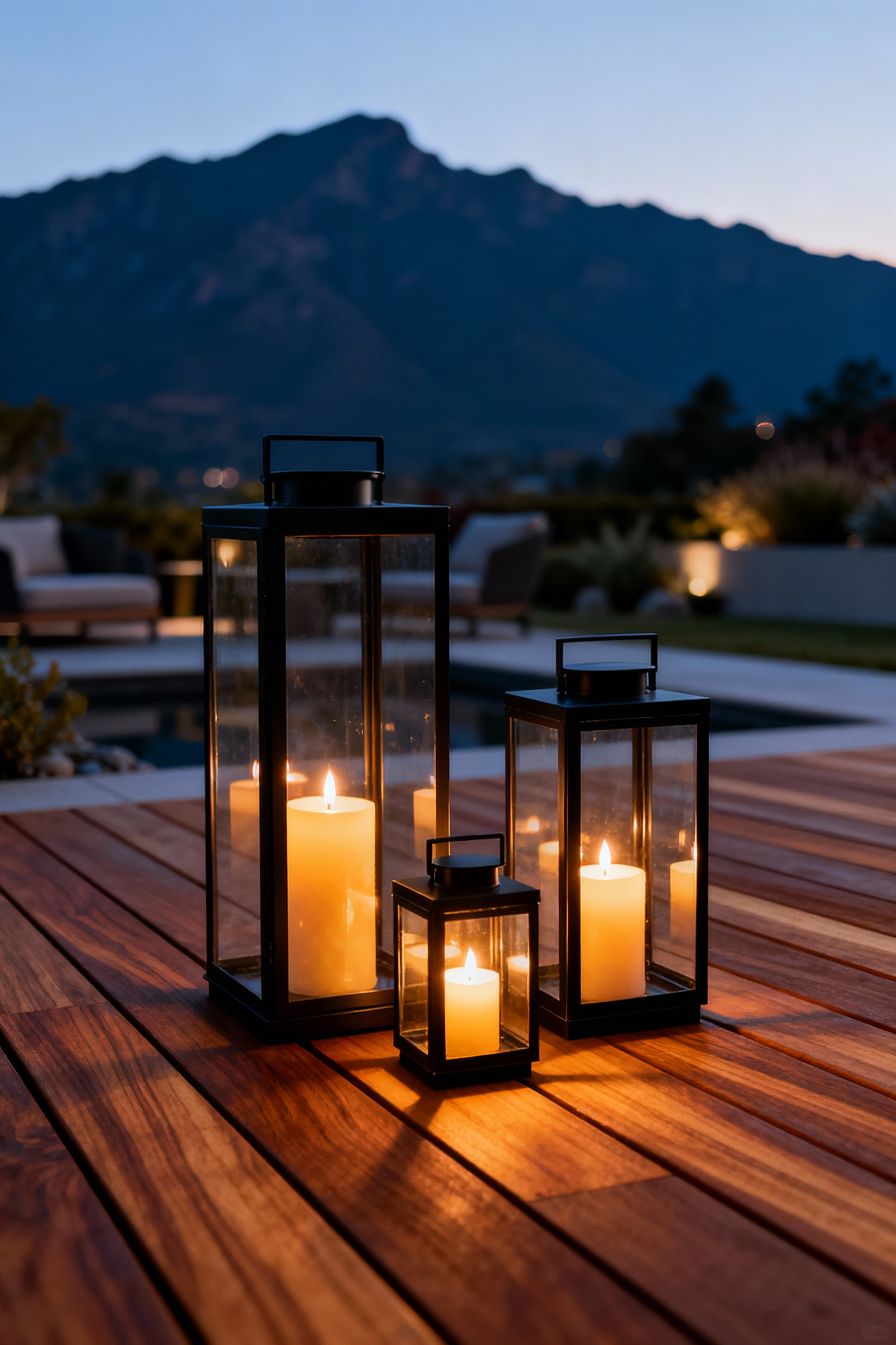 Three modern outdoor lanterns of varying heights (tall, medium, and small) grouped on a luxury wood deck, illustrating the rule of three for impactful decking decor during twilight.