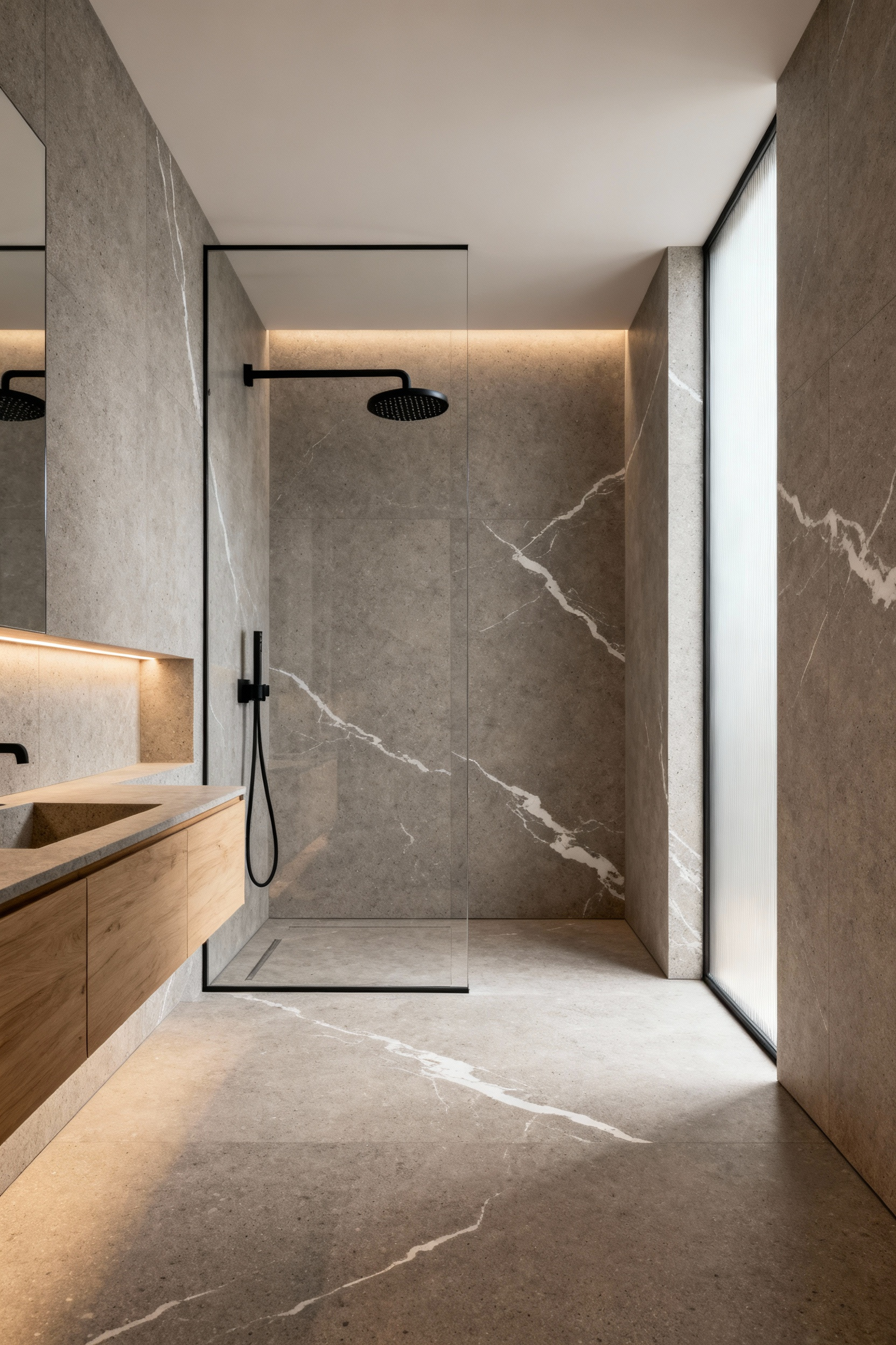 A highly detailed photo of a minimalist modern bathroom featuring seamless, extra-large format light gray porcelain slabs covering the walls and floor, creating a monolithic, grout-free visual expanse in the luxurious walk-in shower area.
