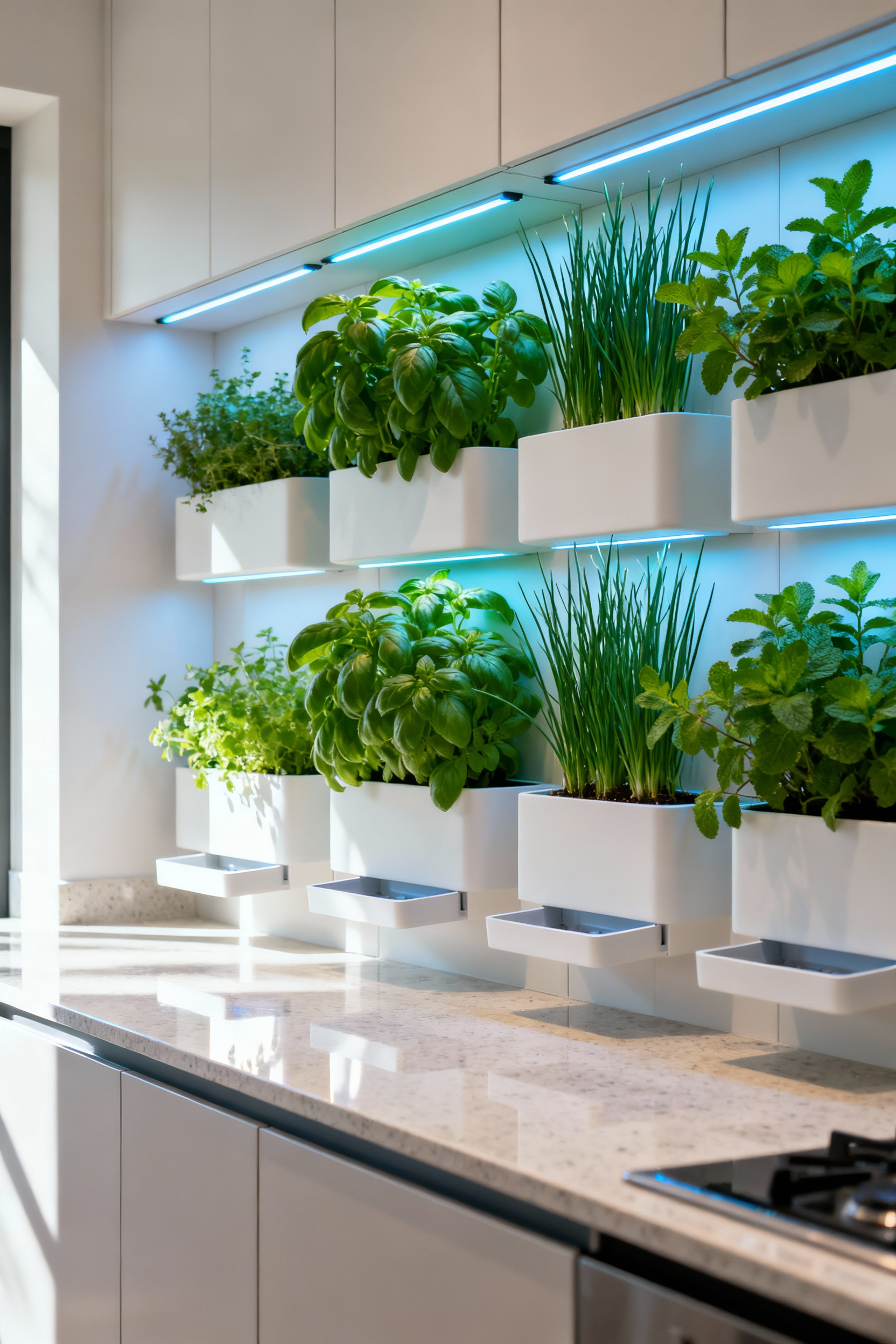 Vertical living herb garden functioning as a productive, biophilic backsplash in a modern green kitchen, illuminated by sleek under-cabinet LED grow lights for year-round harvest.