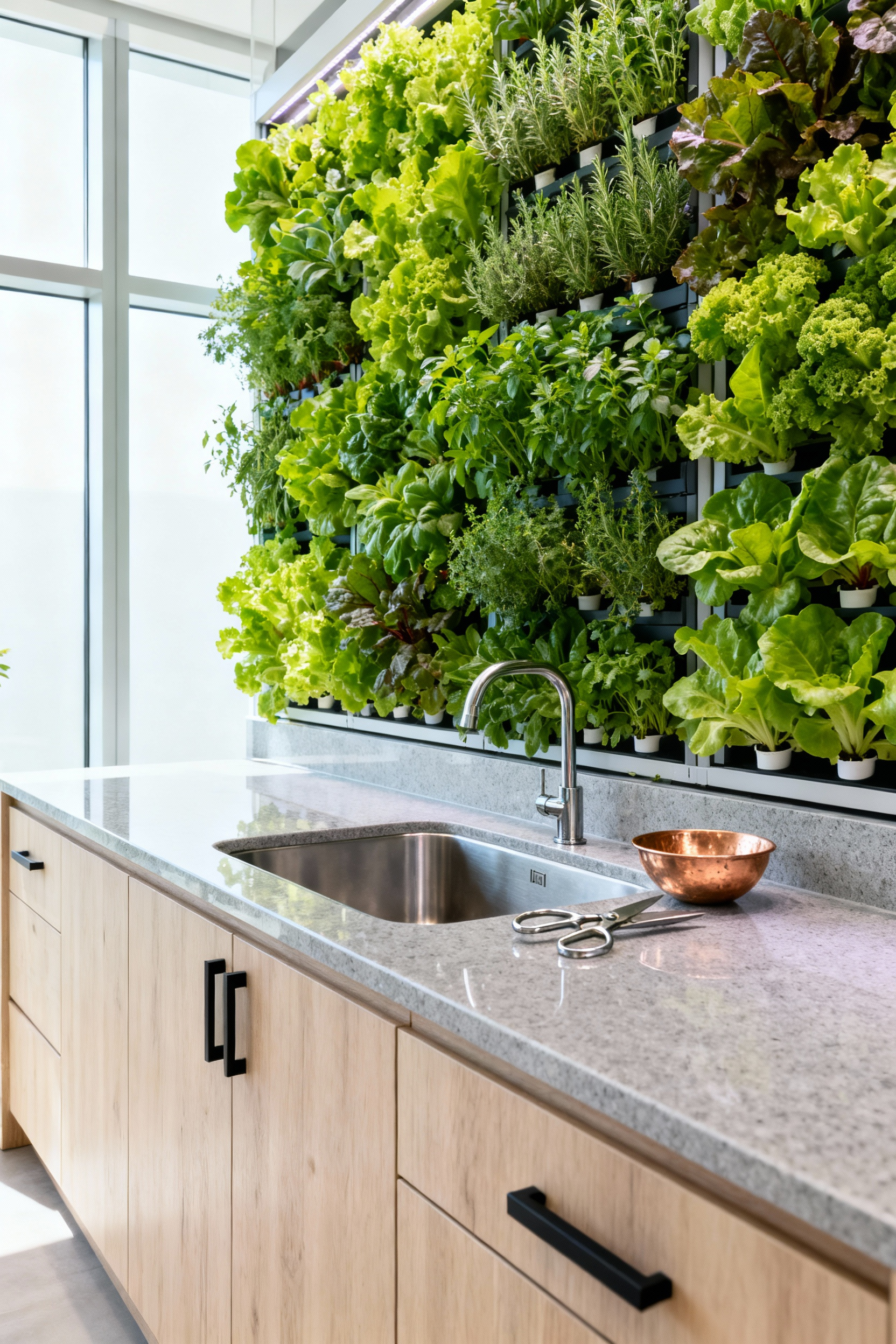 A modern green kitchen interior featuring a functional vertical hydroponic garden wall positioned immediately next to a prep sink, demonstrating regenerative kitchen design.