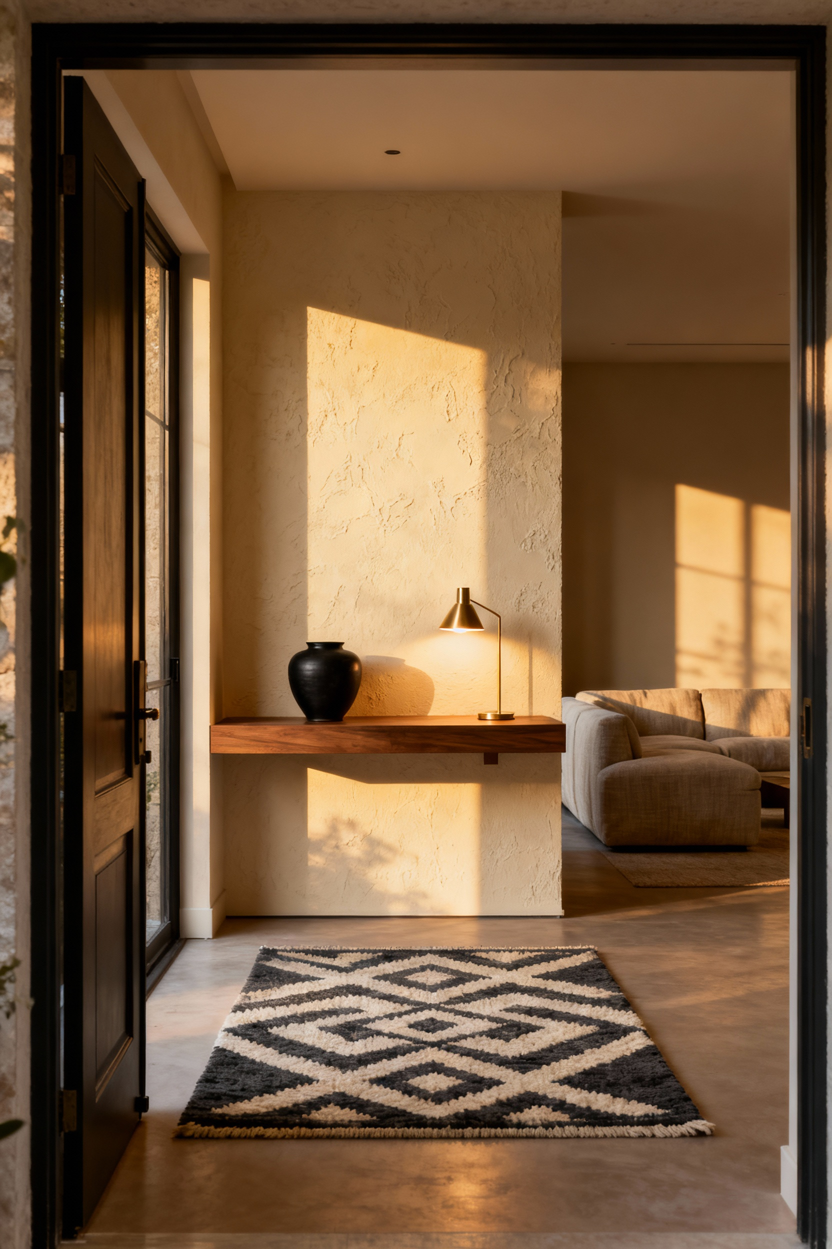A wide-angle view showing a modern living room entrance where a low console table, a defined geometric rug, and warm focused lighting create a subtle decompression zone immediately inside the front door.