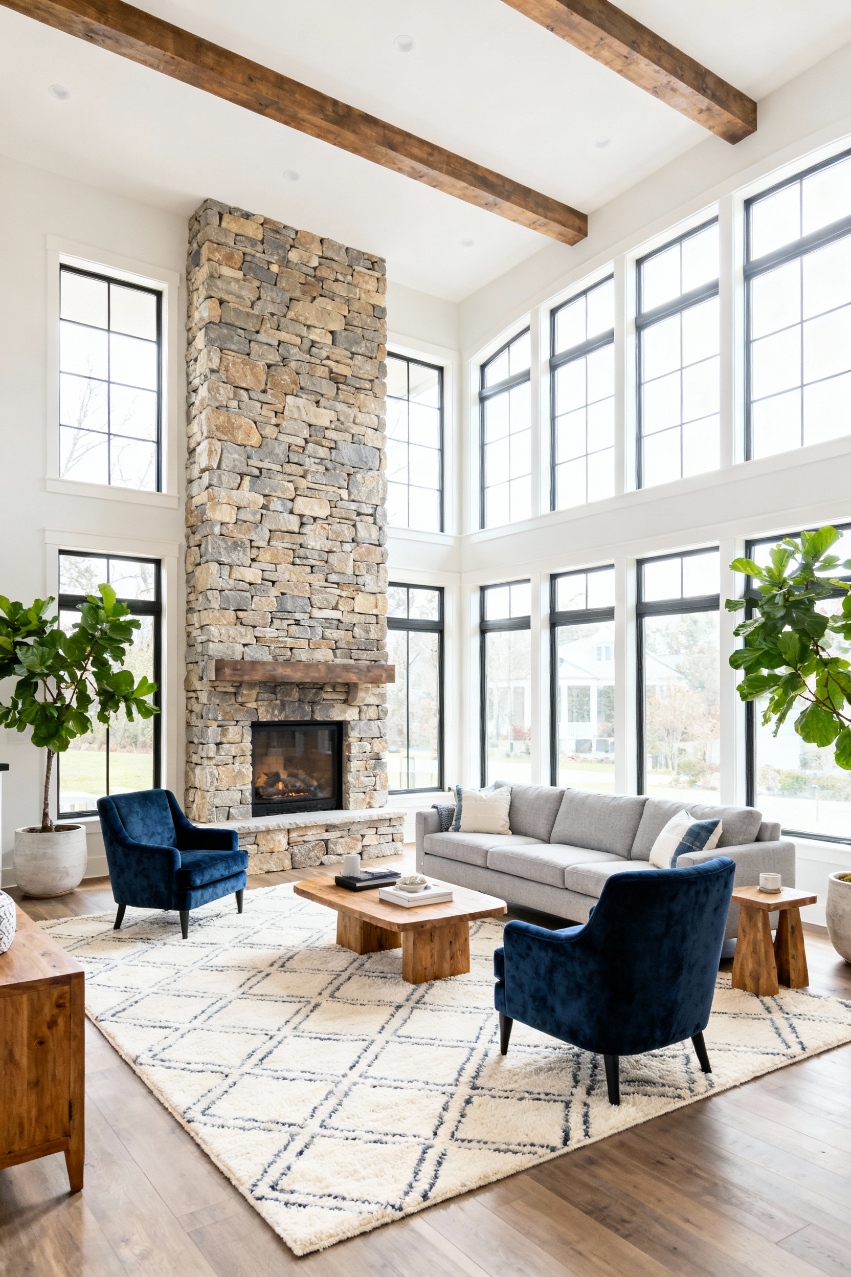 Spacious living room layout showing strategically floated furniture anchored by a large area rug, establishing a clear focal point around a stone fireplace and large windows for optimized visual flow and spaciousness.