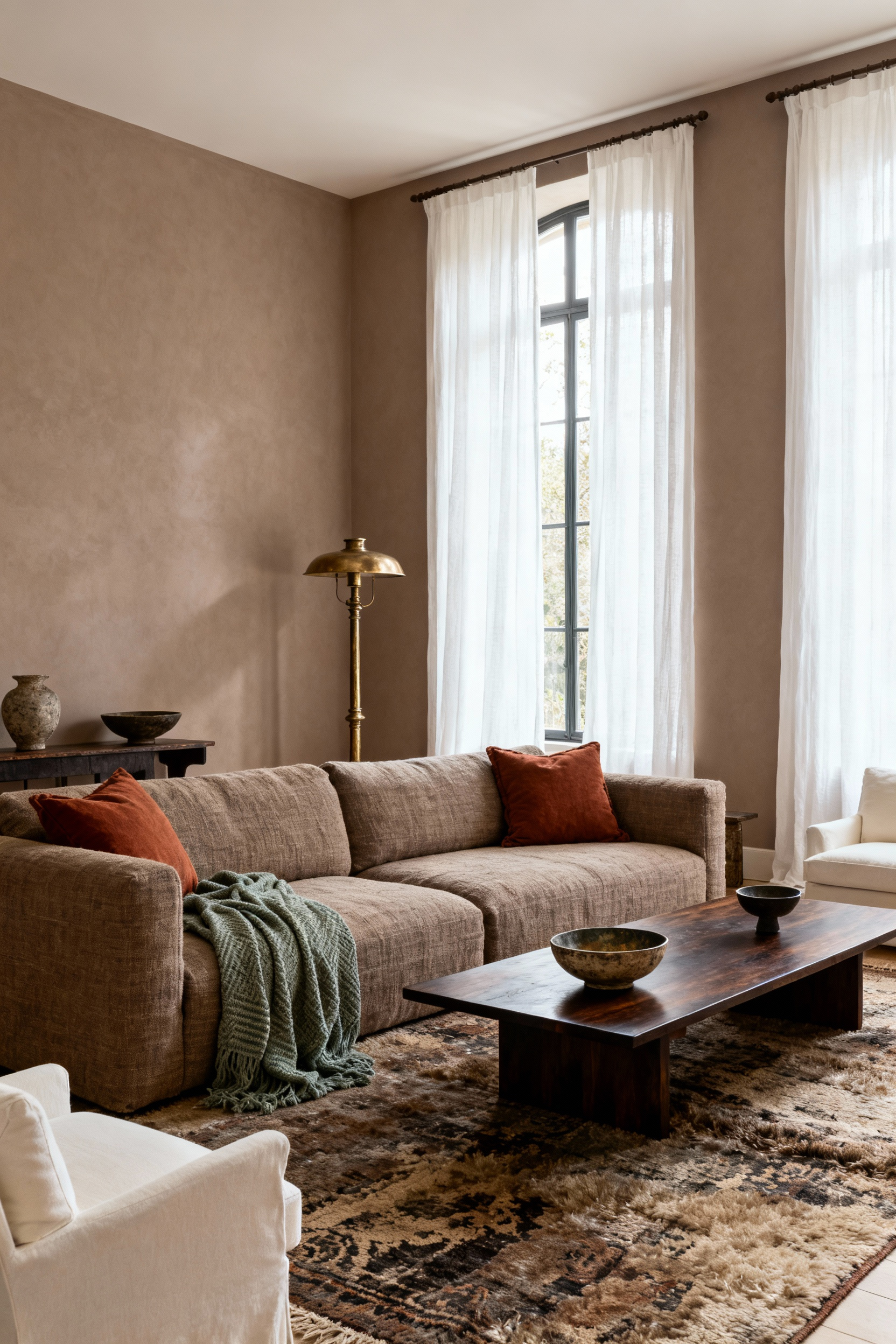 A high-end living room featuring diverse furniture styles unified by a tight cohesive color palette of warm taupe, deep terracotta, and sage green accents.