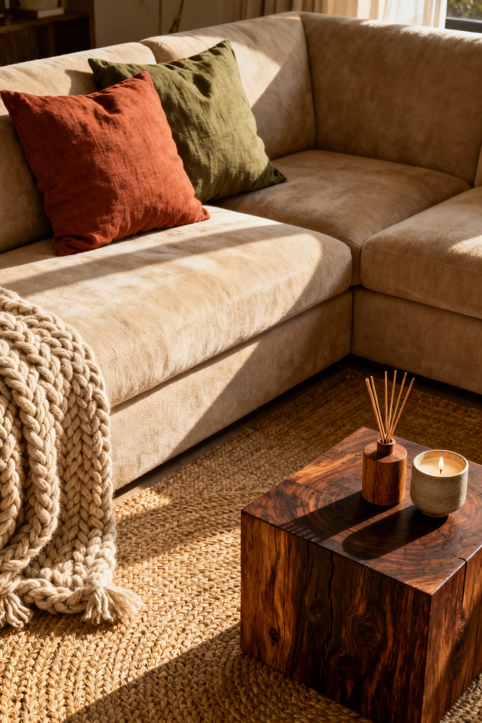 A cozy, contemporary living room featuring a plush sofa, soft textiles, warm lighting, and a wooden coffee table displaying a ceramic fragrance diffuser, emphasizing a grounded and inviting atmosphere.