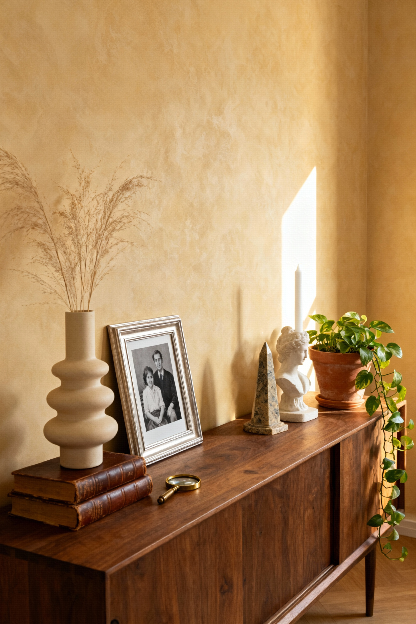 A photograph of a beautifully arranged living room vignette on a walnut console table, featuring framed photos, books, a tall vase, and small personal objects grouped by three and five.