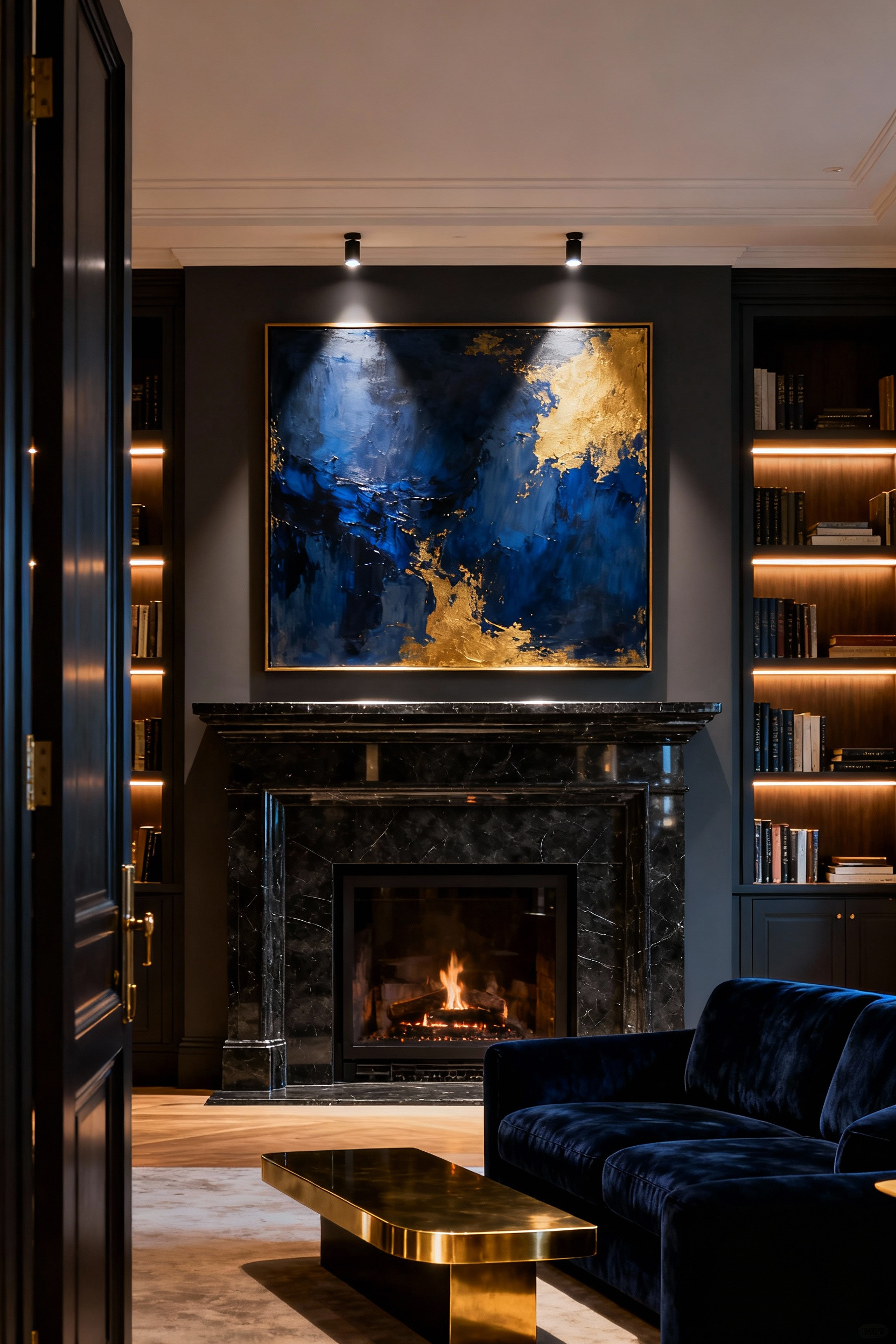 Luxurious living room interior focused on a striking dark marble fireplace acting as the visual anchor point, designed to be immediately visible from the main entryway.