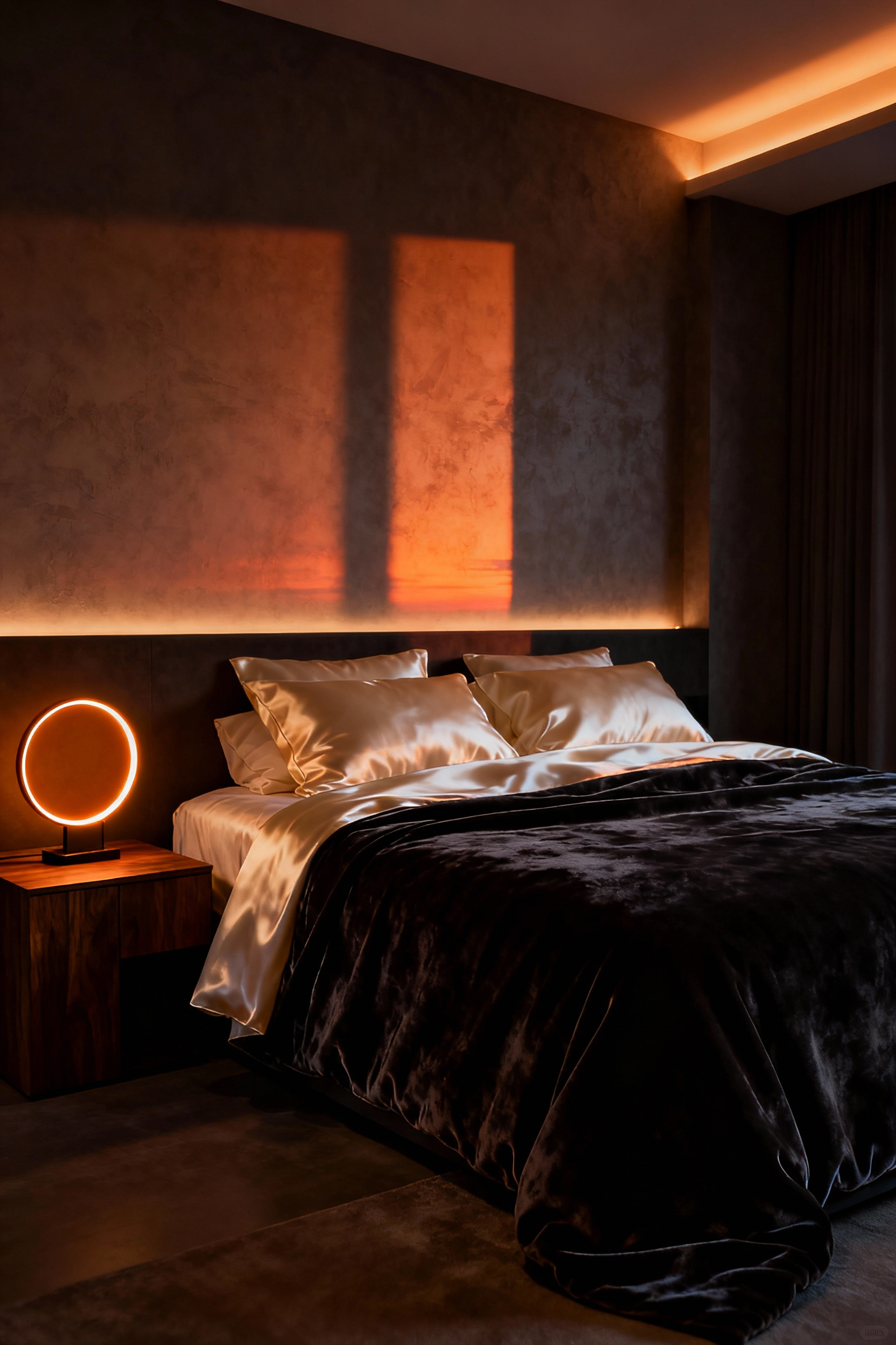 Luxurious couple's bedroom at night featuring layered warm amber lighting, a deep teal velvet comforter, and silk pillowcases, emphasizing tactile comfort and a sleep-inducing atmosphere.