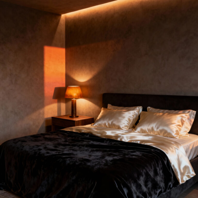 Luxurious couple's bedroom at night featuring layered warm amber lighting, a deep teal velvet comforter, and silk pillowcases, emphasizing tactile comfort and a sleep-inducing atmosphere.