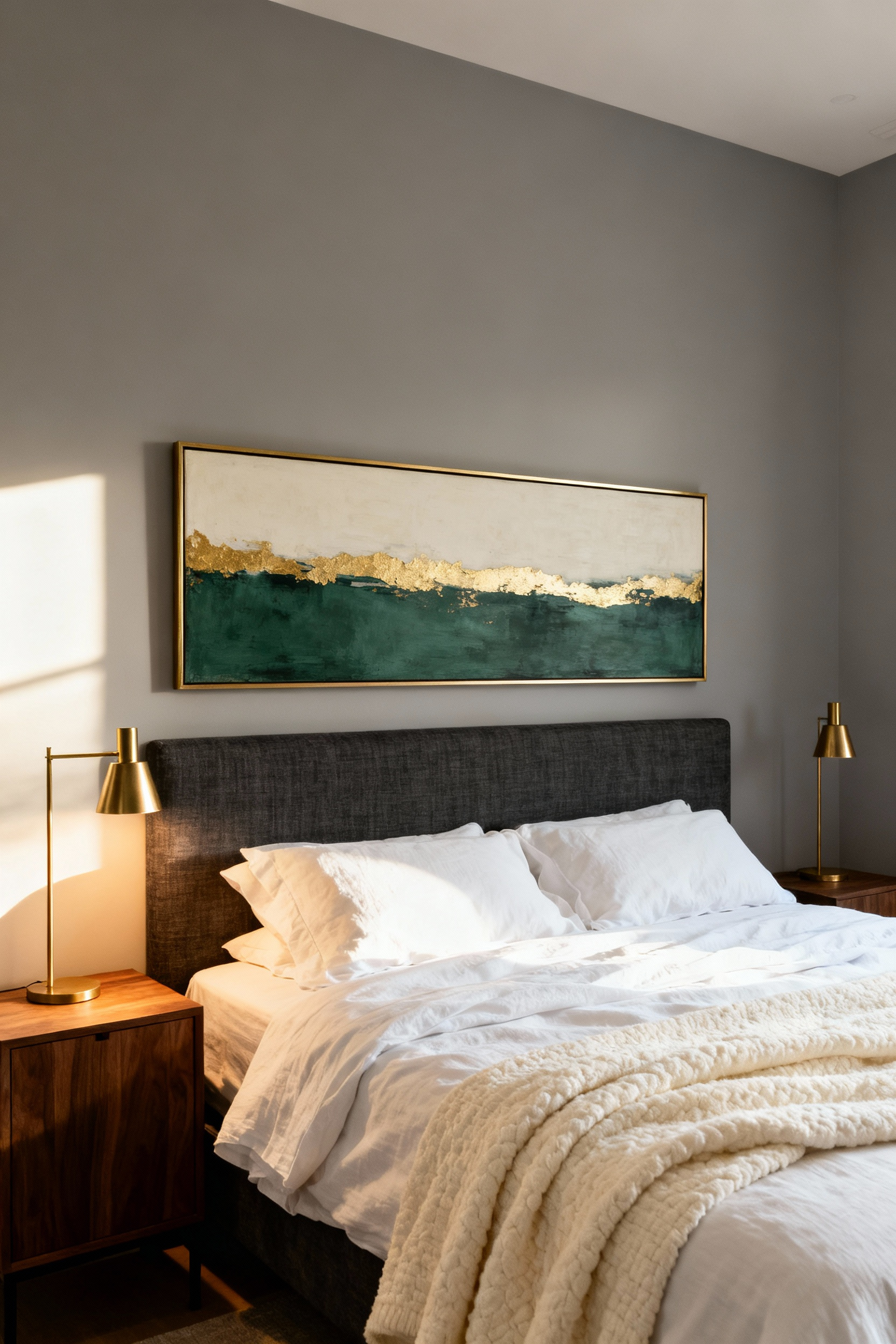A serene, luxury bedroom featuring a large abstract art piece hung low above a charcoal headboard, illustrating the 'Anchor Principle' for optimal art placement from a seated perspective.