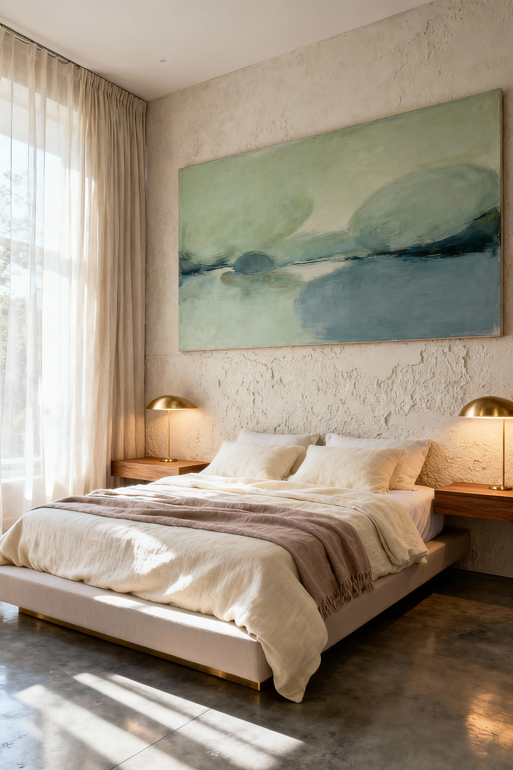 Large abstract painting in a luxurious, serene bedroom emphasizing calm and emotional resonance in foundational design.