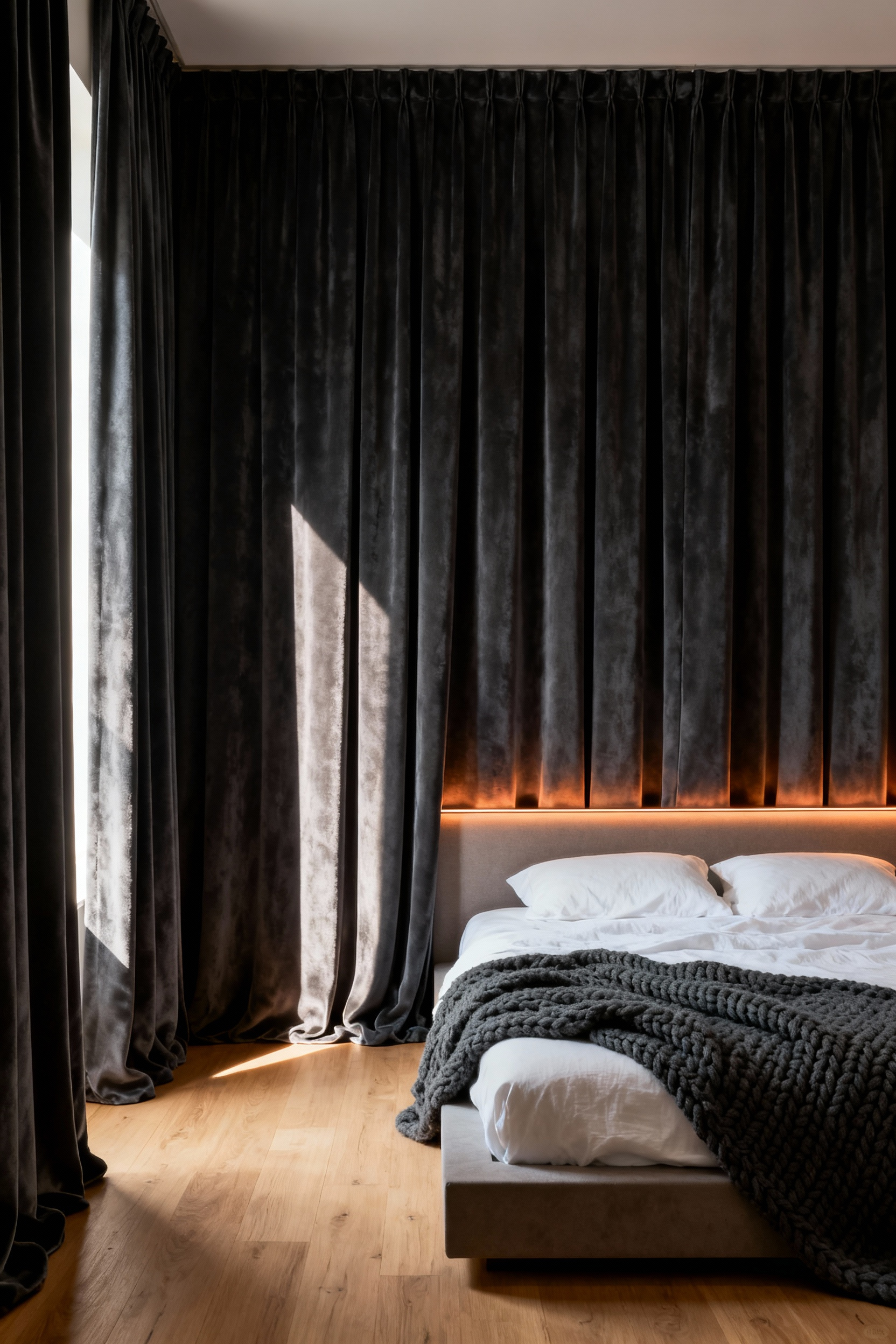 Luxurious bedroom featuring heavy, charcoal gray velvet blackout drapes covering a floor-to-ceiling window wall, emphasizing optimal darkness for sleep and melatonin production.