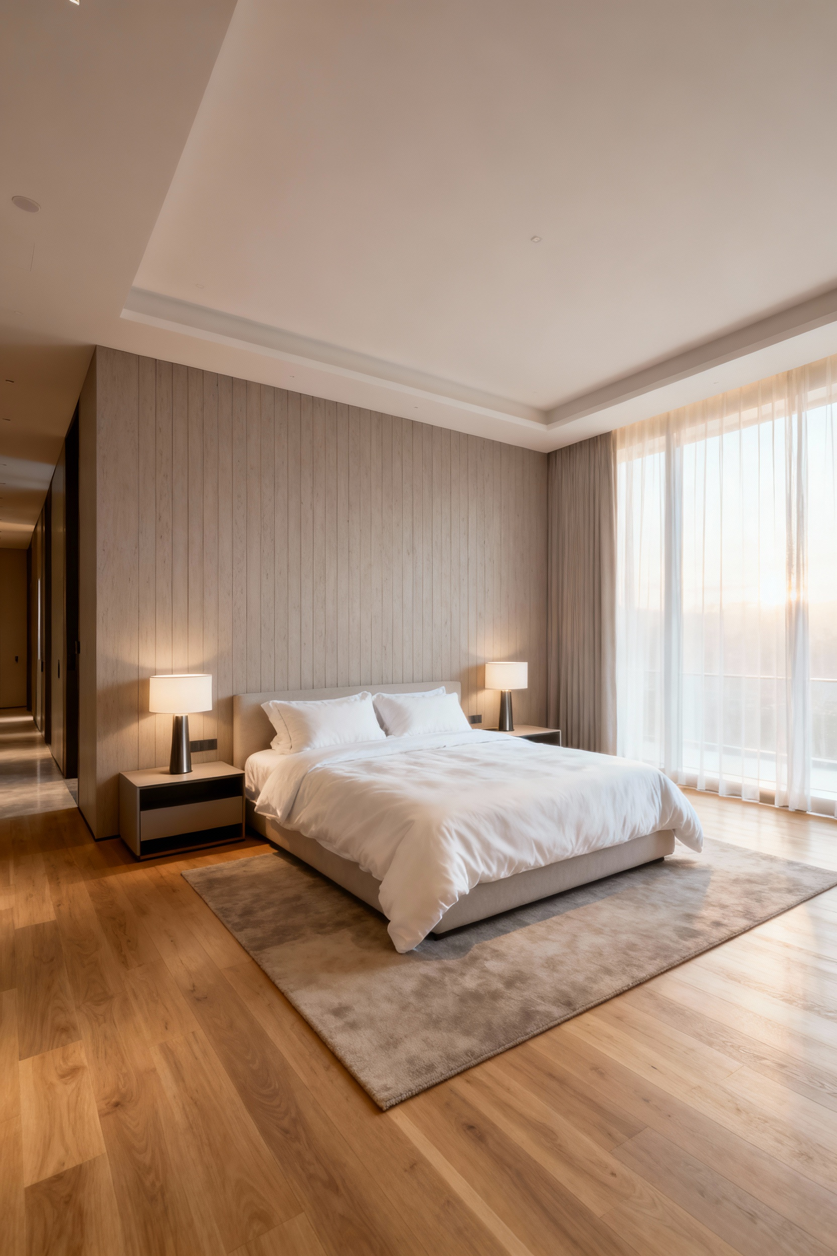 Wide-angle photograph of a luxurious master bedroom showing a centered king bed and ample open space on all sides, emphasizing clear, 36-inch walkways for stress-free movement and flow.