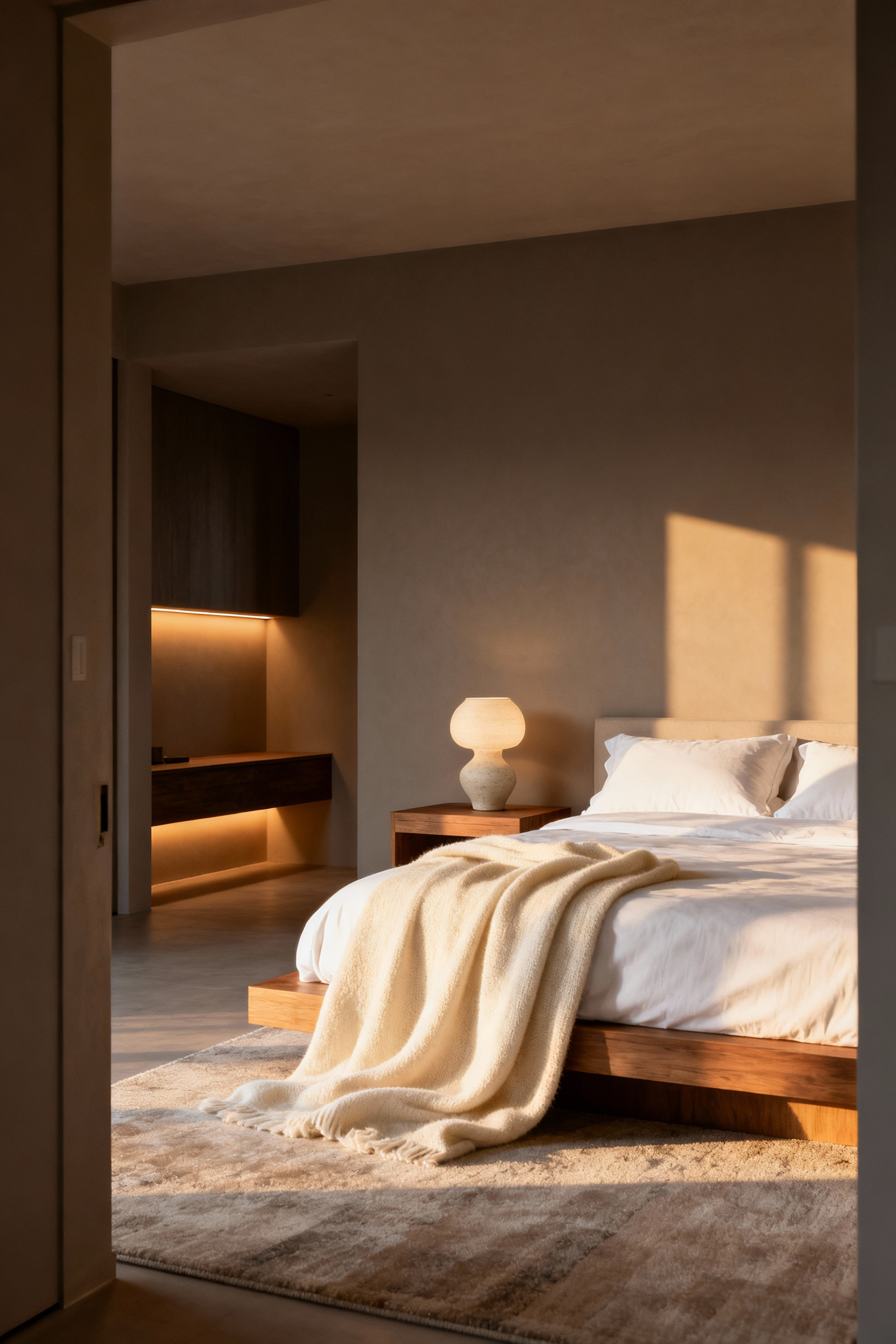 A serene, technology-free master bedroom scene demonstrating a perfect luxury retreat, with minimalist decor and no charging stations visible, emphasizing the restorative boundary created by moving tech to the hallway.