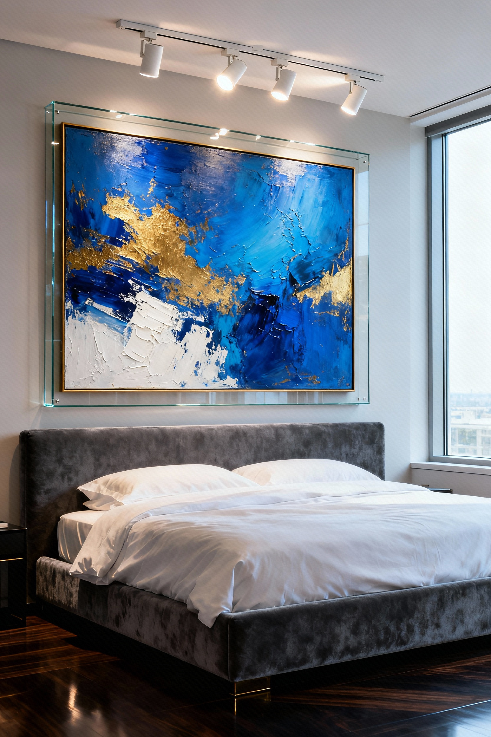 Luxury bedroom interior featuring a large abstract painting framed with zero-glare Museum Glass over a charcoal velvet bed, highlighting professional gallery framing and lighting.