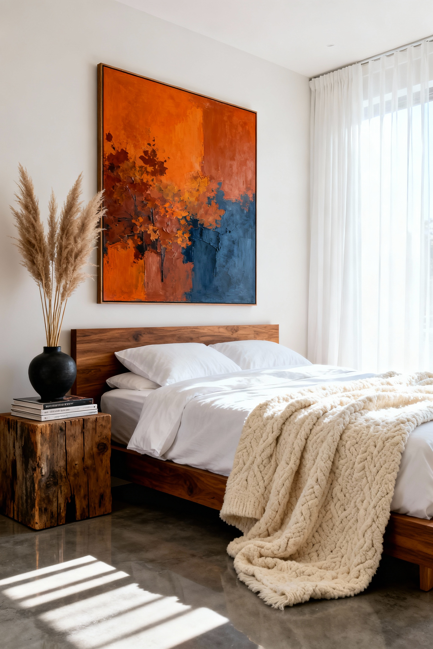 Luxurious bedroom designed for seasonal rotation featuring abstract autumnal wall art above a king bed and bright morning lighting that enhances the bedroom art aesthetic.