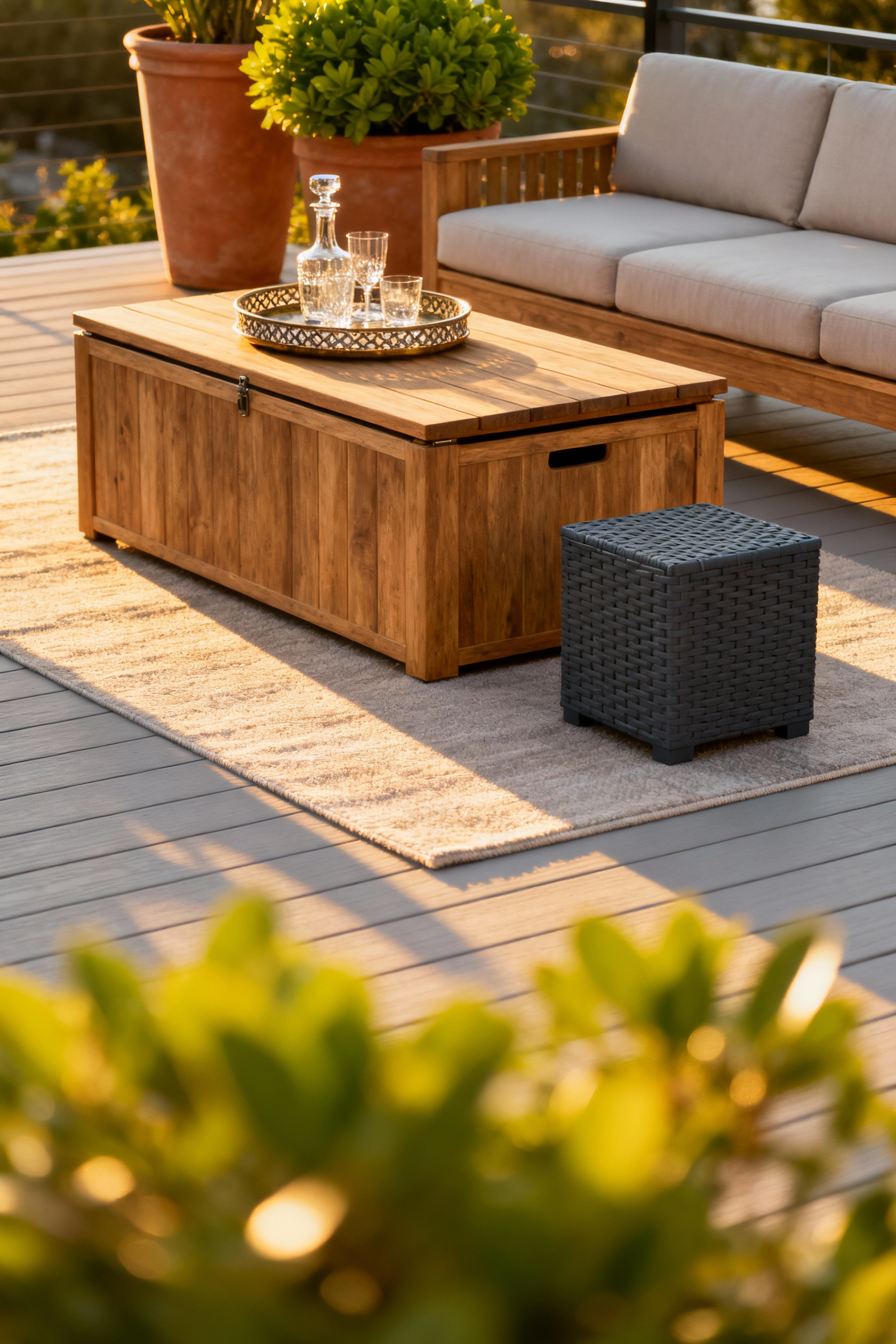 High-end teak wood storage ottoman and resin wicker console used as sophisticated, concealed storage for cushions on a decorated outdoor deck.