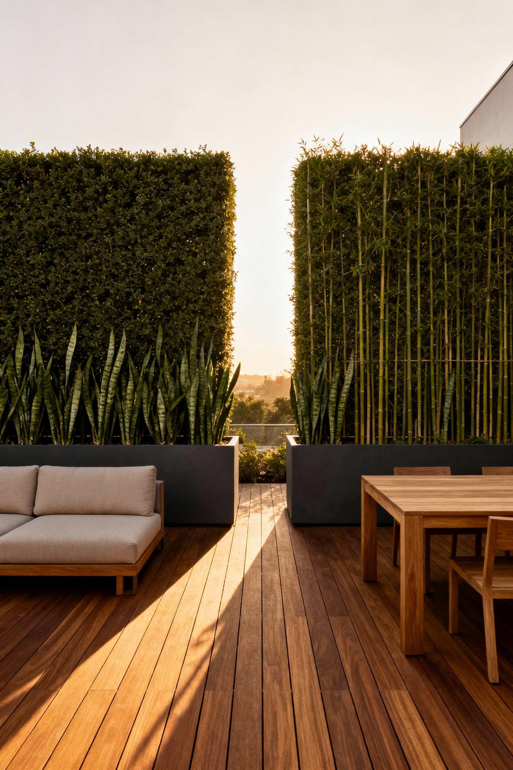 Luxurious wooden deck divided into defined lounge and dining zones using a continuous linear row of rectangular charcoal planters filled with tall green foliage to create a soft, permeable screen.