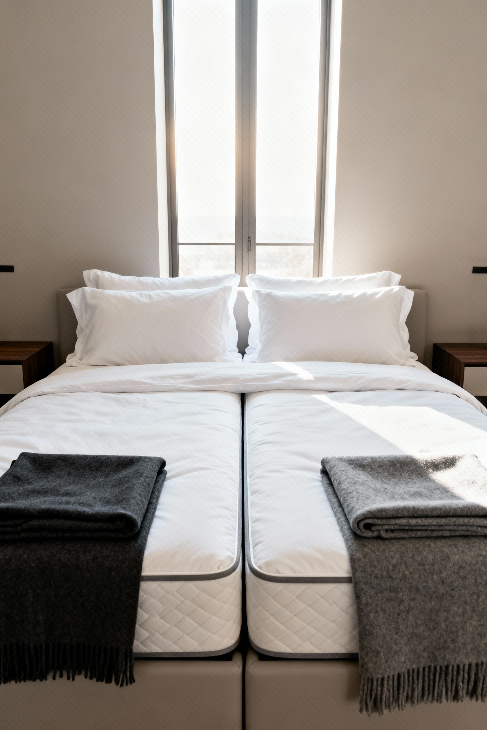 A modern, luxurious Split King bed with crisp white linens and dual color throws, demonstrating high-quality motion isolation mattress technology for couples' shared sleep comfort.