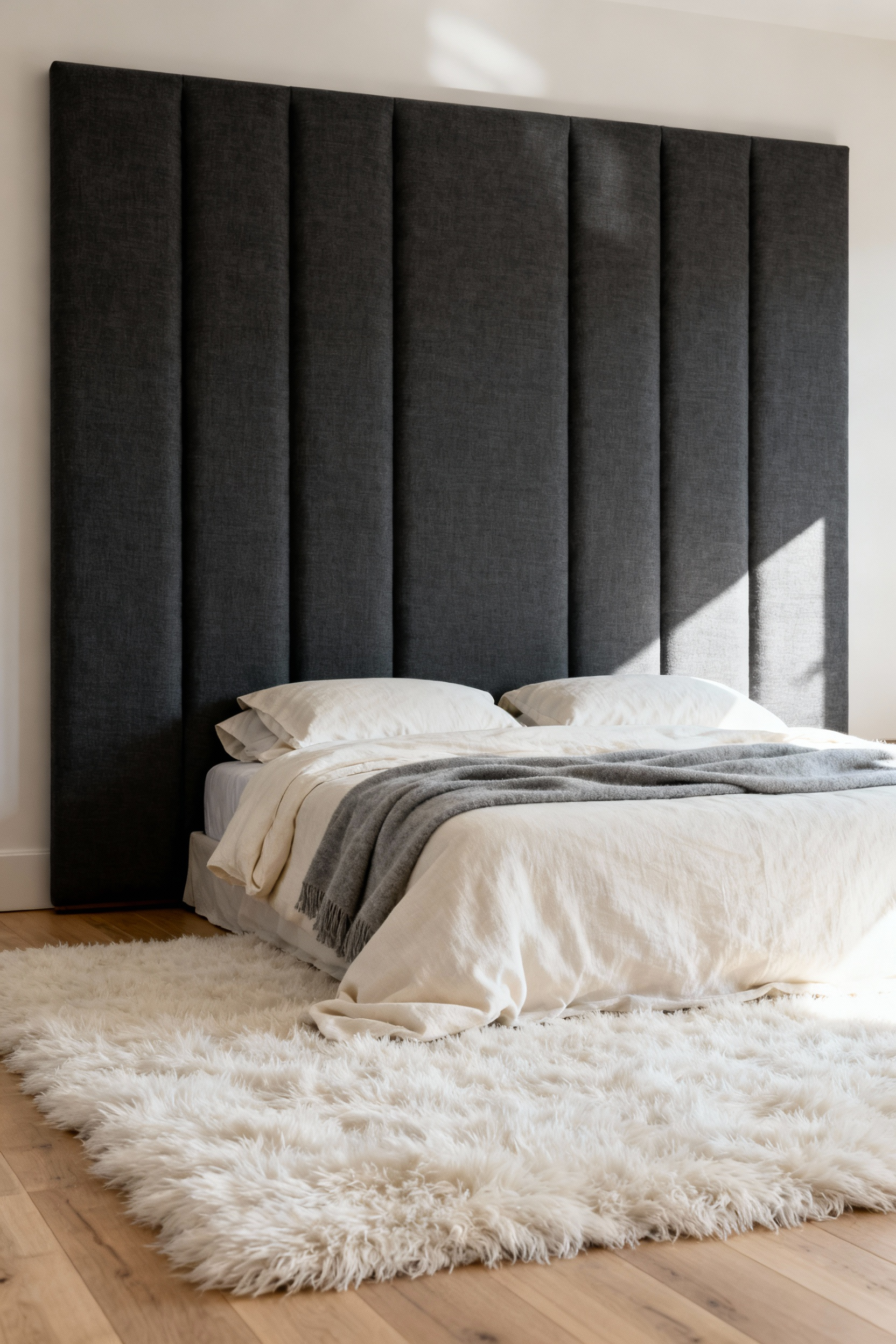 A photograph of a luxurious, acoustically treated bedroom featuring an oversized, floor-to-ceiling channel-stitched upholstered headboard and a thick, high-pile ivory shag rug covering the floor.