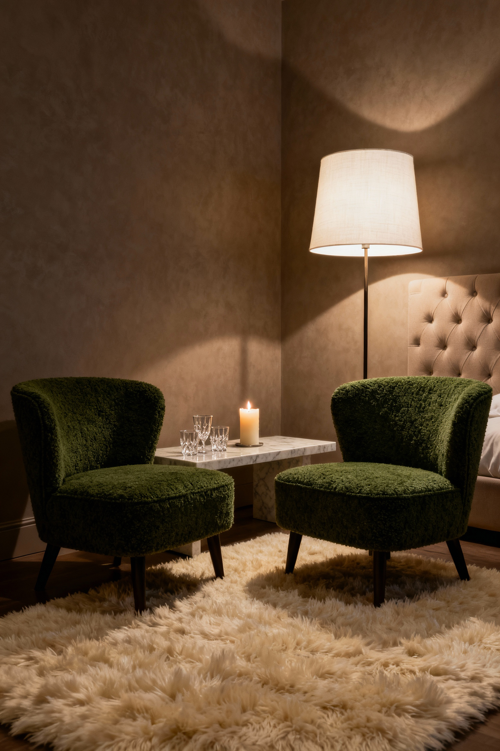 A luxurious conversation nook in a spacious bedroom featuring two dark green boucle occasional chairs facing each other on a thick cream shag rug, designed for non-sleep intimacy and connection.