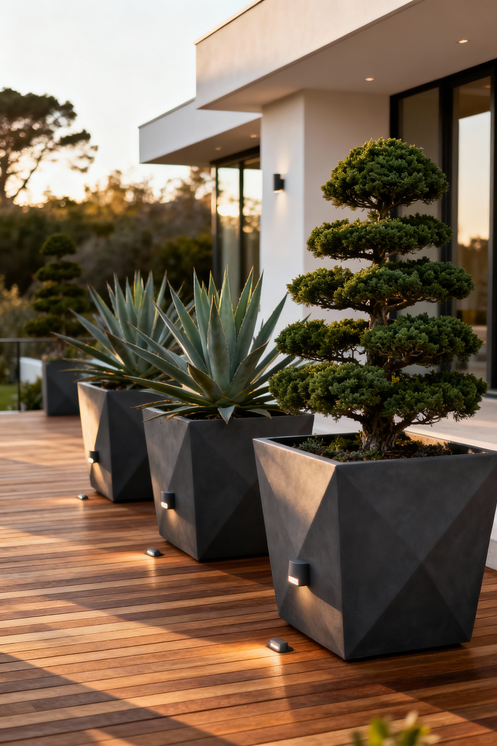 A wide view of a luxury teak deck featuring architectural plants like Agave and structured evergreen shrubs in large gray planters, demonstrating year-round structural decking decor.