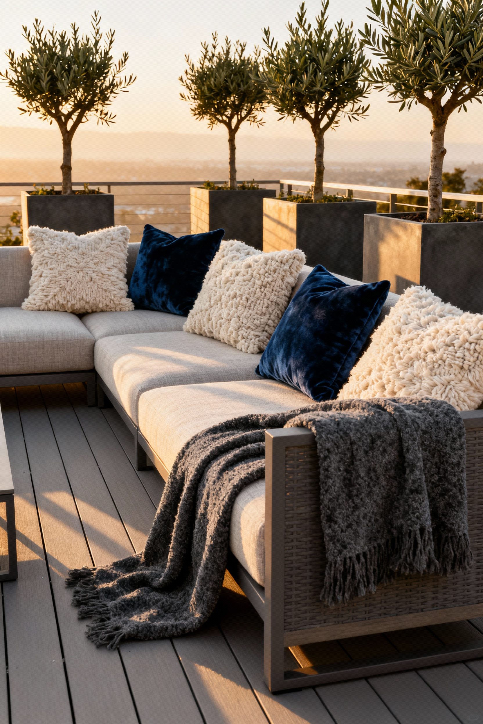 A luxurious outdoor sectional sofa on a modern deck featuring layered performance fabrics that mimic indoor luxury, including cream bouclé pillows and sapphire velvet textures under warm golden hour lighting.