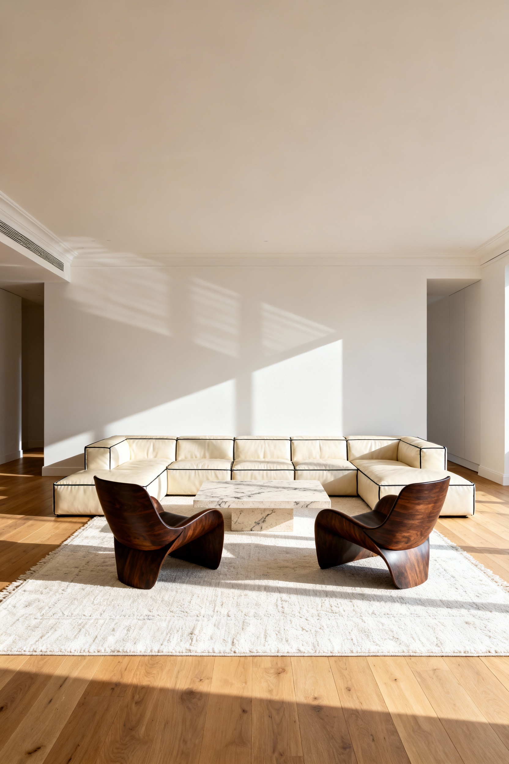 Wide view of a modern luxury living room designed using the 60/40 rule, showing investment furniture occupying 60% of the floor space and clear, open negative space defining the remaining 40%.