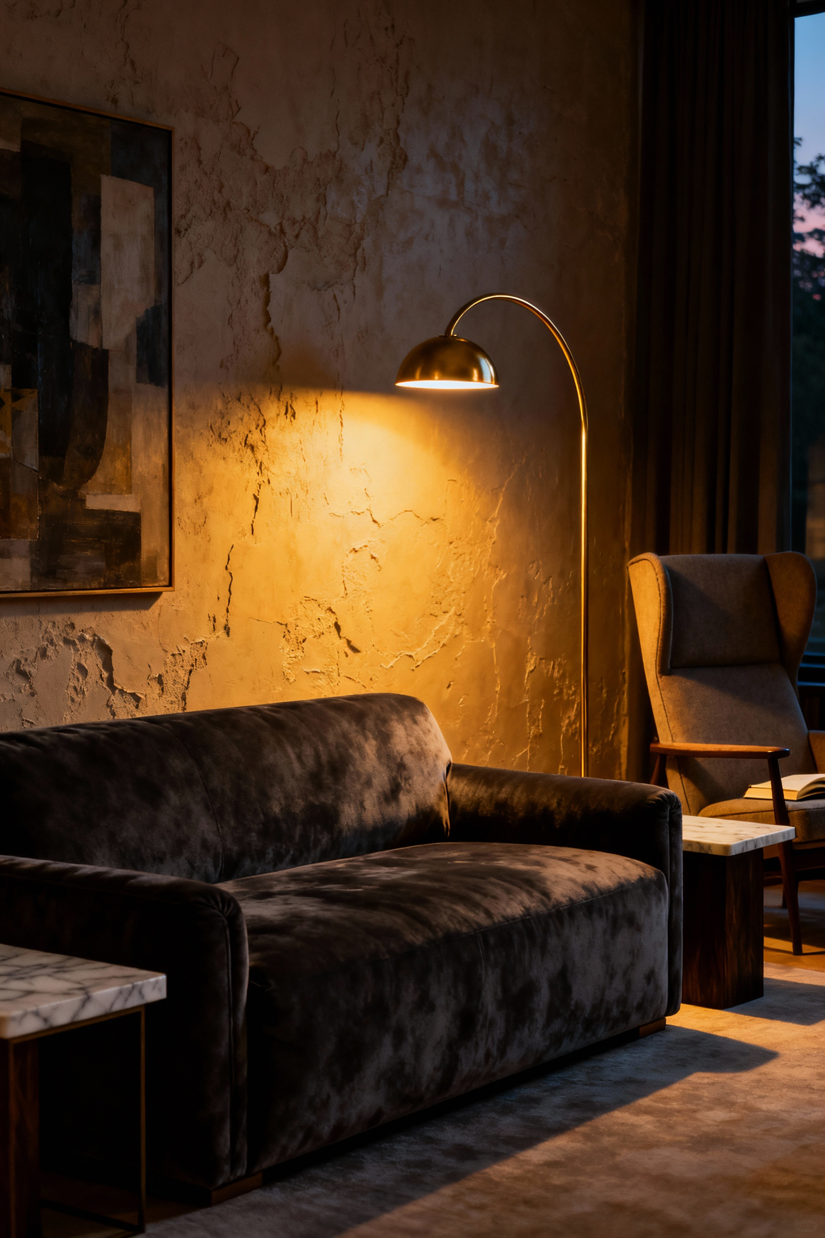 A luxurious living room bathed in 2700K warm golden light, showcasing layered ambient, task, and accent lighting for a cozy and sophisticated atmosphere.