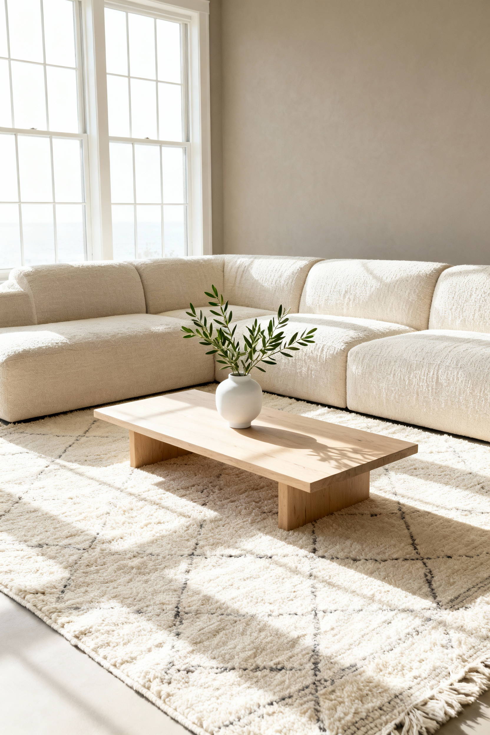 Wide shot of a luxury living room featuring a large neutral beige sofa and ivory rug, ready for seasonal decoration updates.