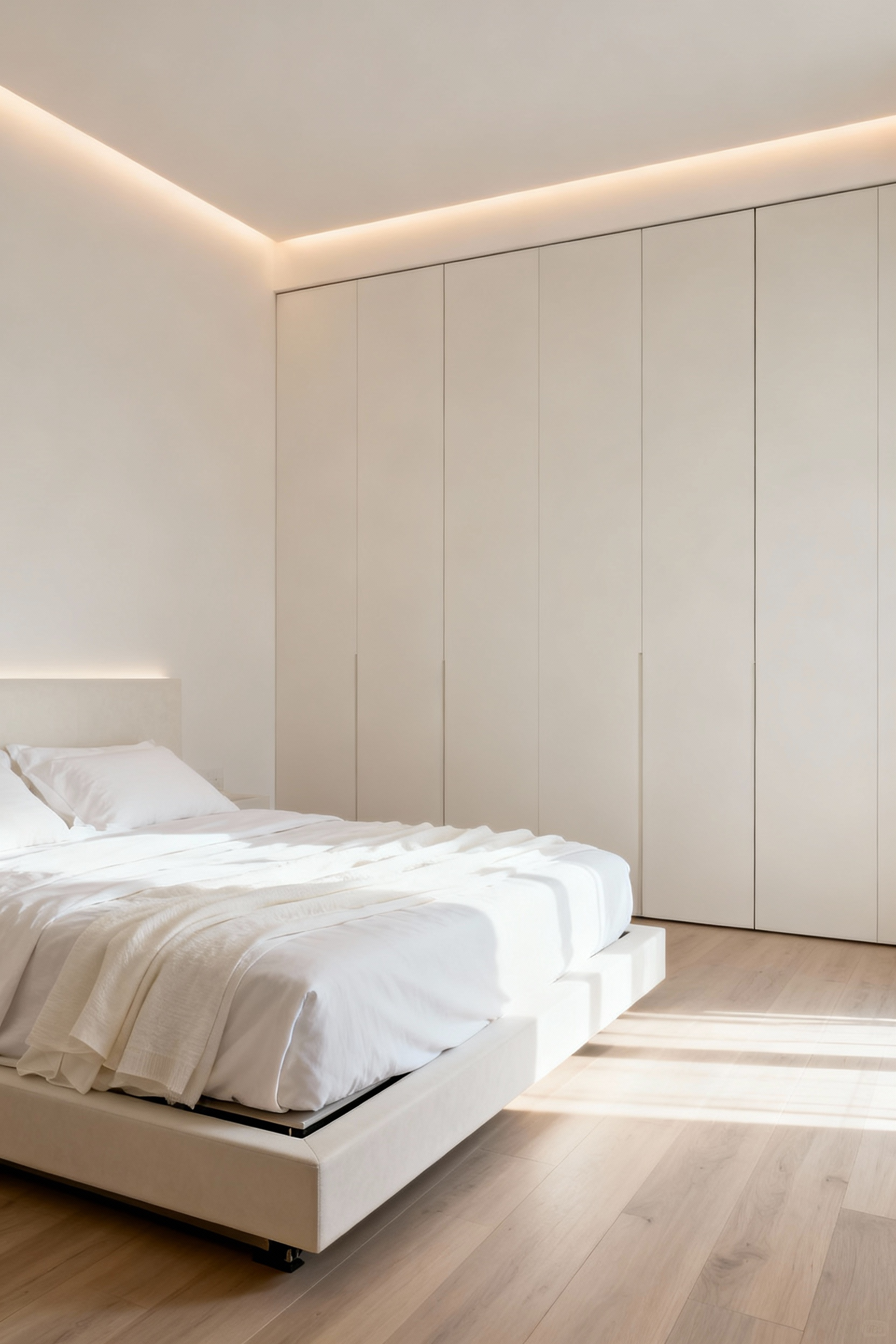 Minimalist couple's bedroom featuring a sleek platform bed and floor-to-ceiling handle-less white cabinets, demonstrating concealed storage solutions to reduce visual clutter and achieve spa-like serenity.