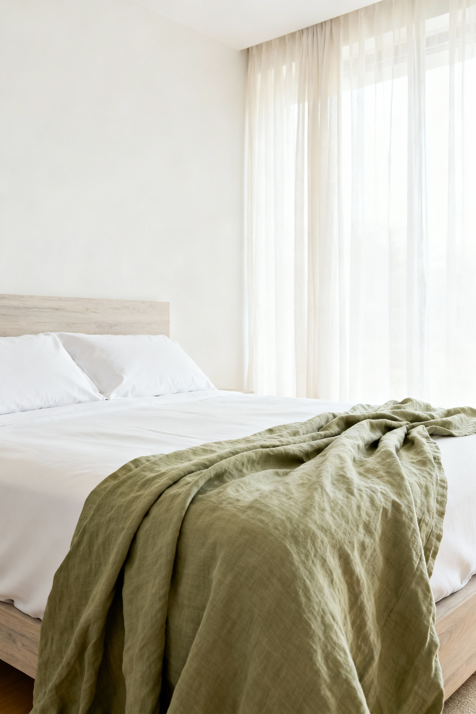 A high-quality photograph of a beautifully made king-sized bed featuring crisp white organic percale sheets and a textured, muted sage washed linen throw, set in a bright, minimalist bedroom.