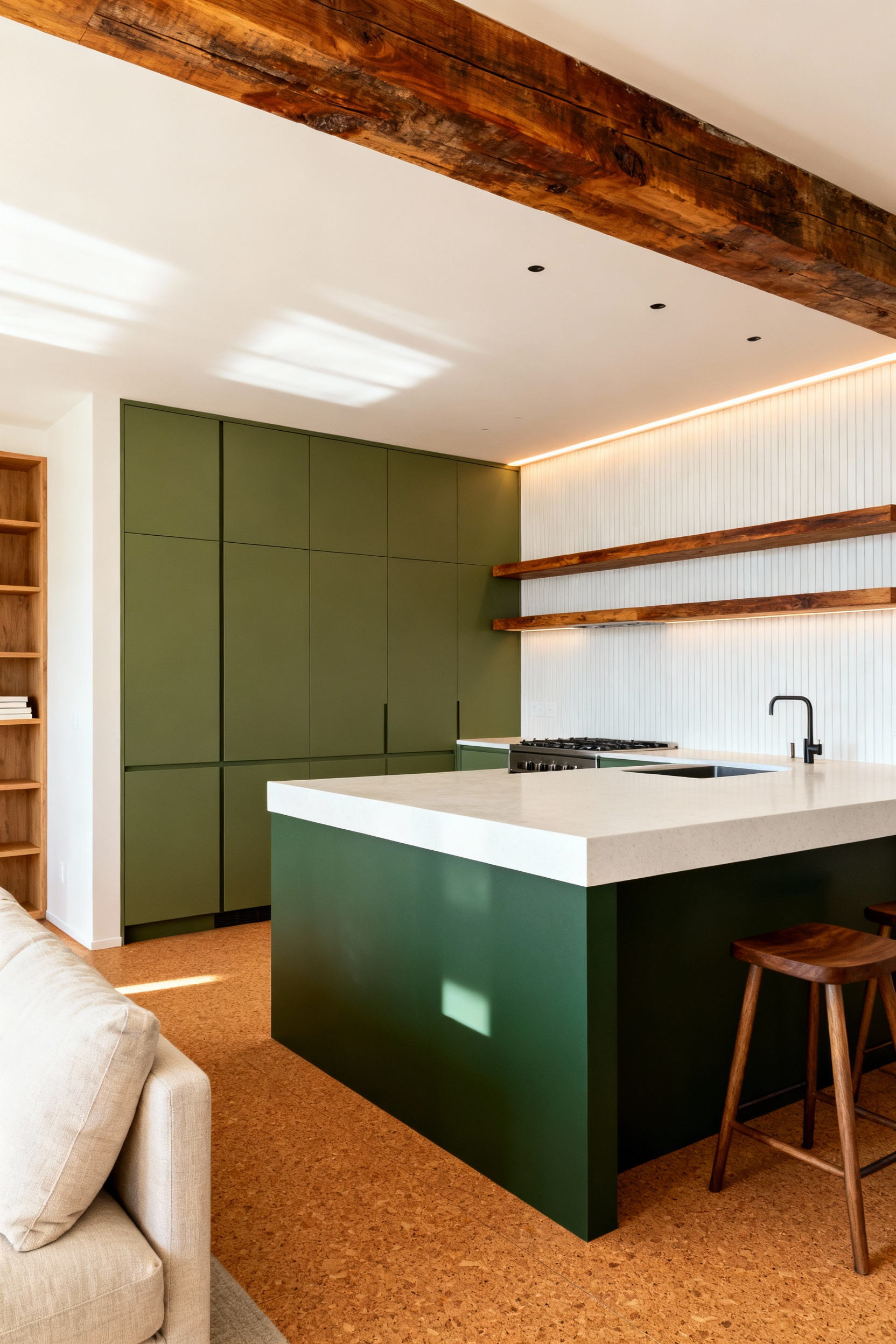 A wide-angle, luxurious kitchen featuring matte sage green cabinetry, reclaimed wood floating shelves, and warm cork flooring, seamlessly connecting the culinary space to an open living area.