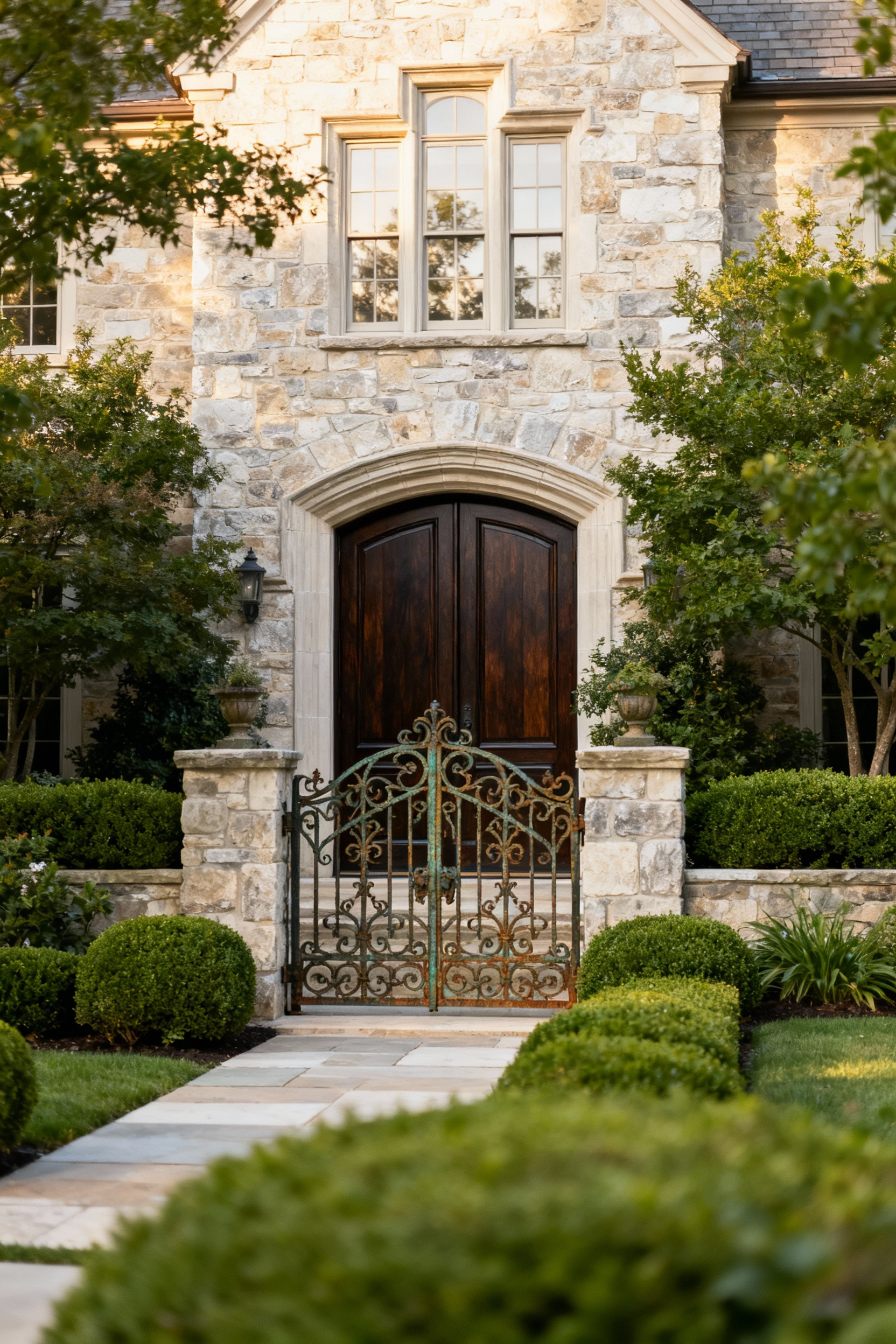 An elegant front yard showcasing well-preserved natural stone walls, a polished wooden door, and ornate wrought-iron gates, emphasizing material integrity and architectural resilience.