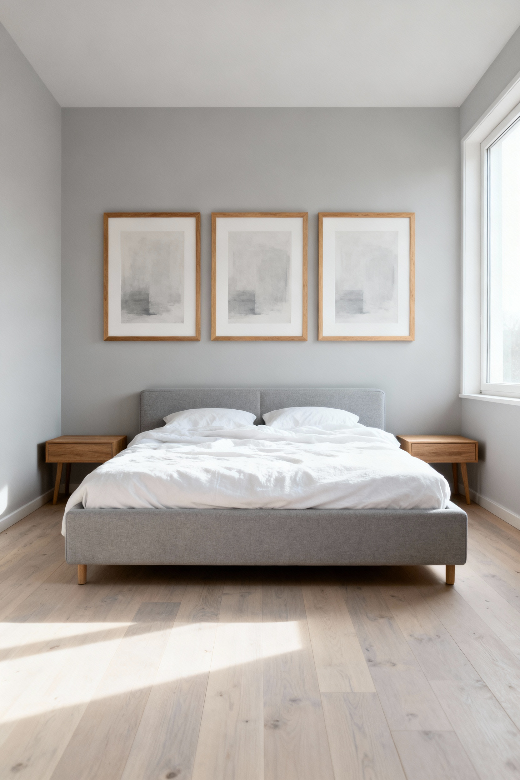 Serene Scandinavian bedroom featuring a minimalist design with a grid of three identically framed natural oak art prints above a gray bed, illustrating visual continuity.
