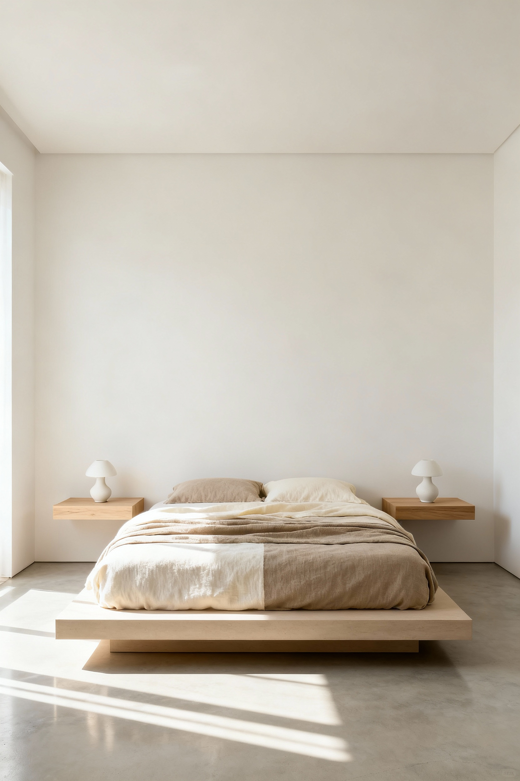 A minimalist, high-end bedroom interior showcasing vast amounts of intentional bare wall space, promoting relaxation and the power of negative space in the bedroom aesthetic.