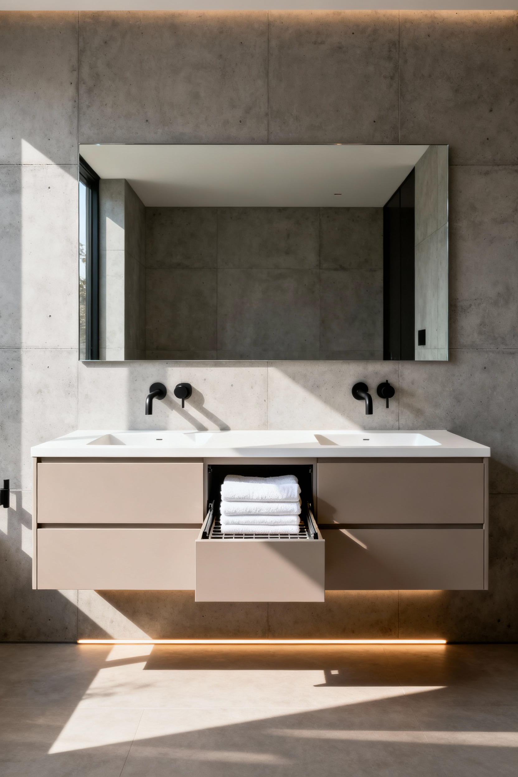 A photograph of a luxurious modern minimalist bathroom featuring a floating light grey vanity with an integrated, handleless heated towel warming drawer slightly open in the cabinetry.