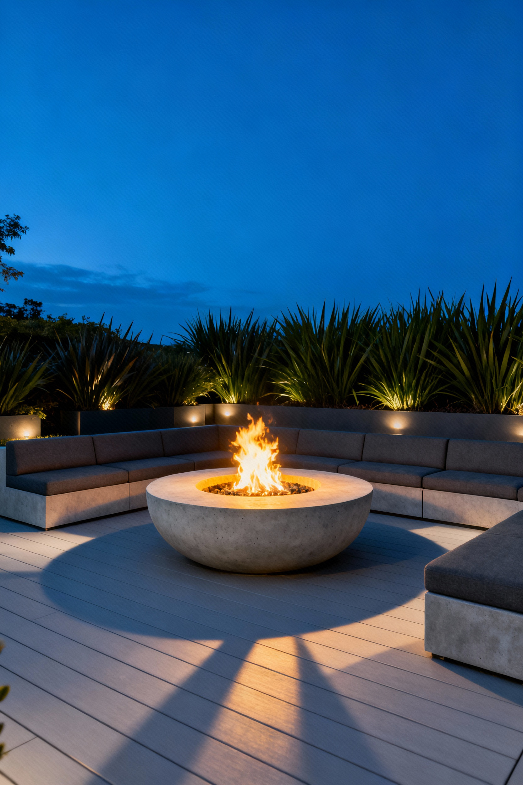 A modern, circular concrete fire bowl serving as the architectural anchor of a luxurious backyard patio at twilight, providing warmth and a visual focal point.