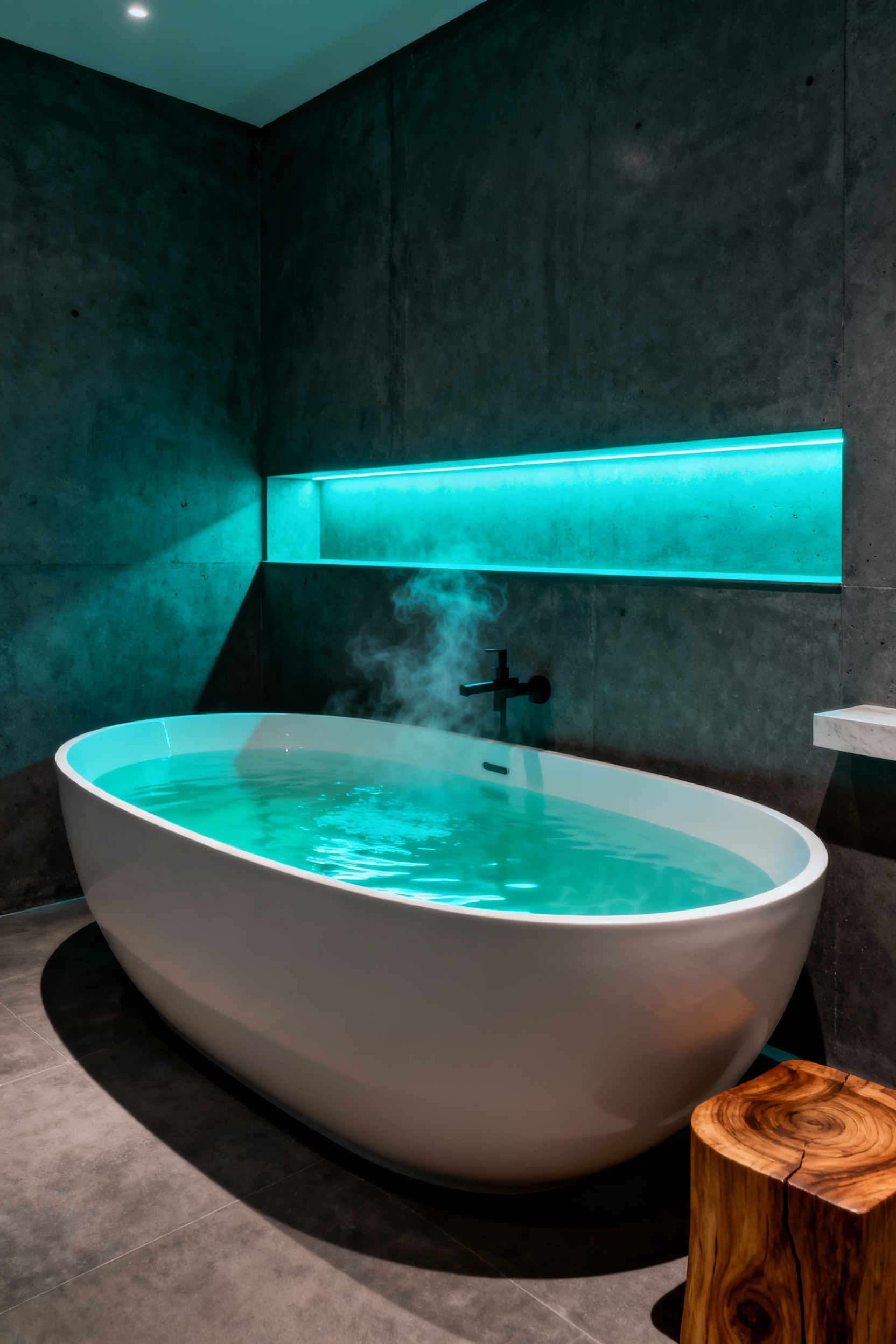 Modern minimalist bathroom featuring a large white freestanding soaking tub and a recessed wall niche illuminated with vibrant cyan LED chromotherapy lighting, creating a stress-reducing atmosphere.