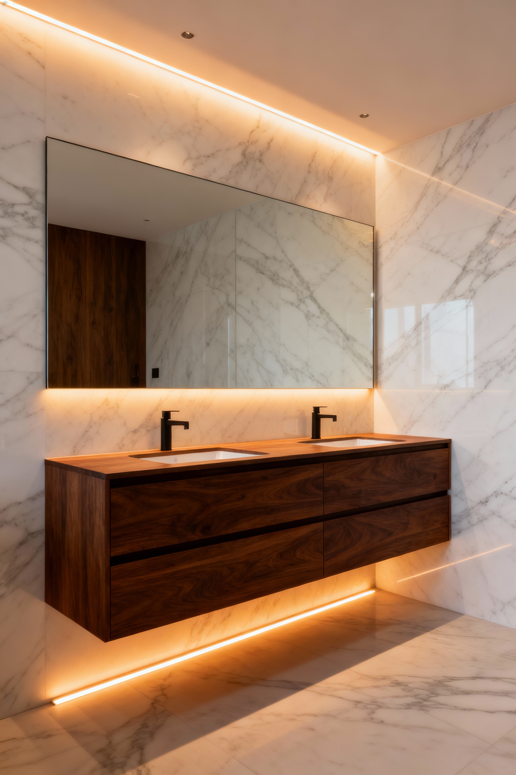 A luxurious modern bathroom featuring a floating walnut vanity and white marble walls, softly illuminated by warm amber Human-Centric Lighting set to its evening circadian cycle.