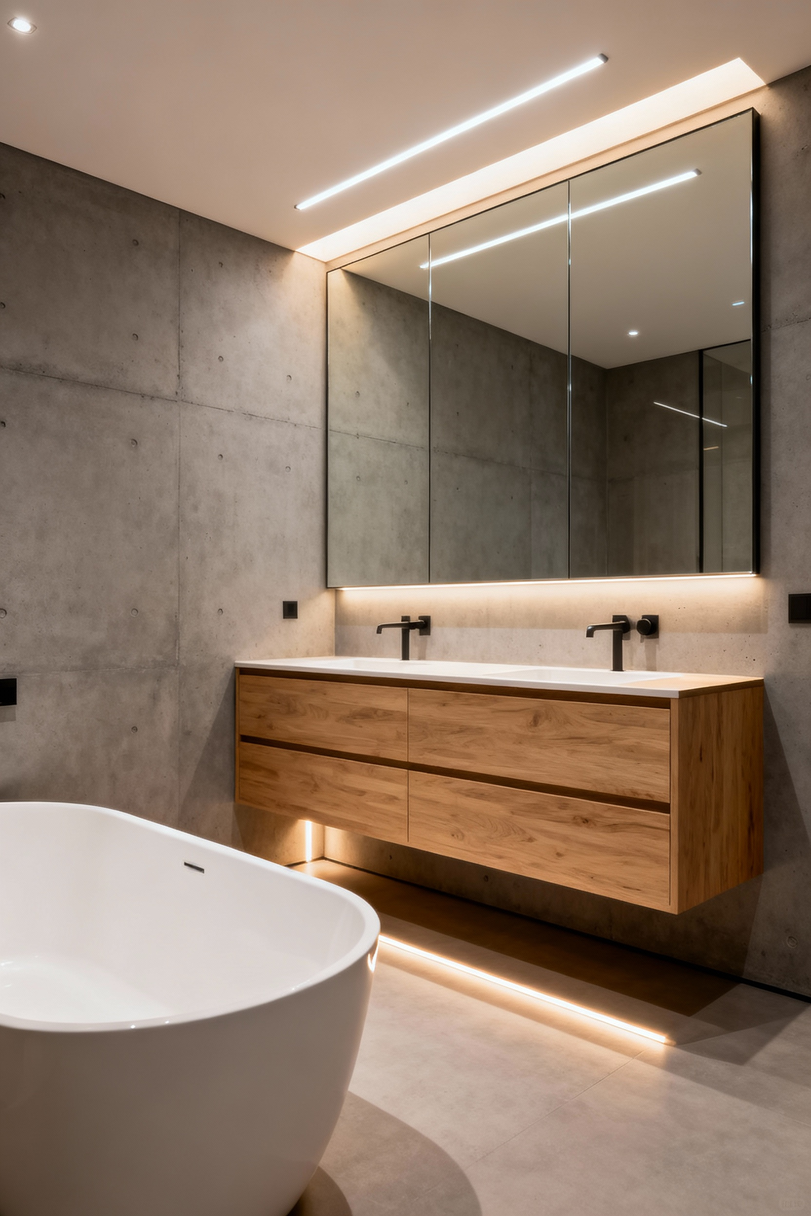Modern minimalist bathroom featuring layered, smart warm lighting designed to support circadian rhythm and visual wellness, showcasing a floating vanity and freestanding tub.