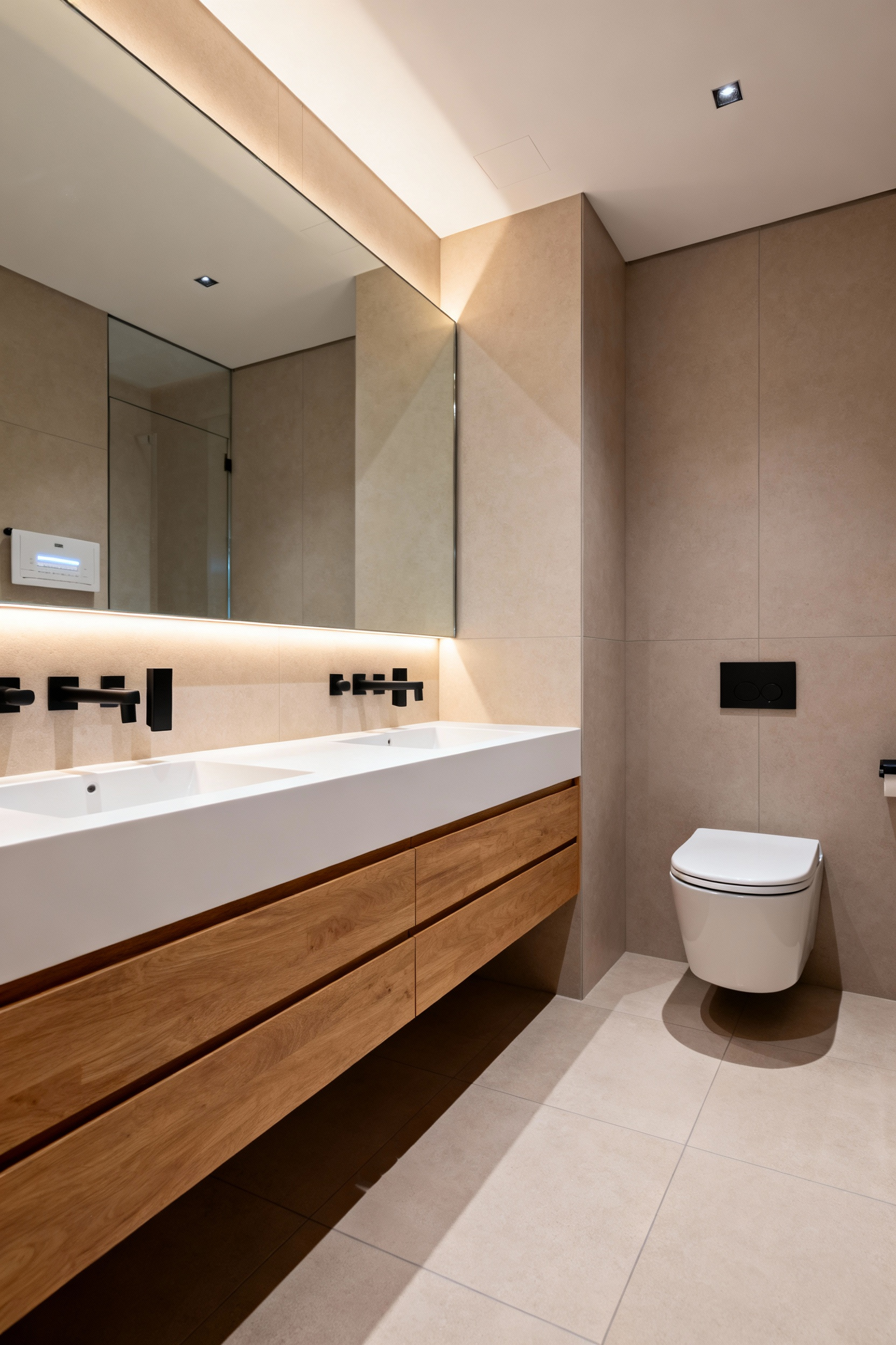 A minimalist modern bathroom featuring a floating wood vanity, matte black touchless faucets, a large fog-free mirror, and a sleek white smart toilet, emphasizing radiant heat floors and hidden technology.